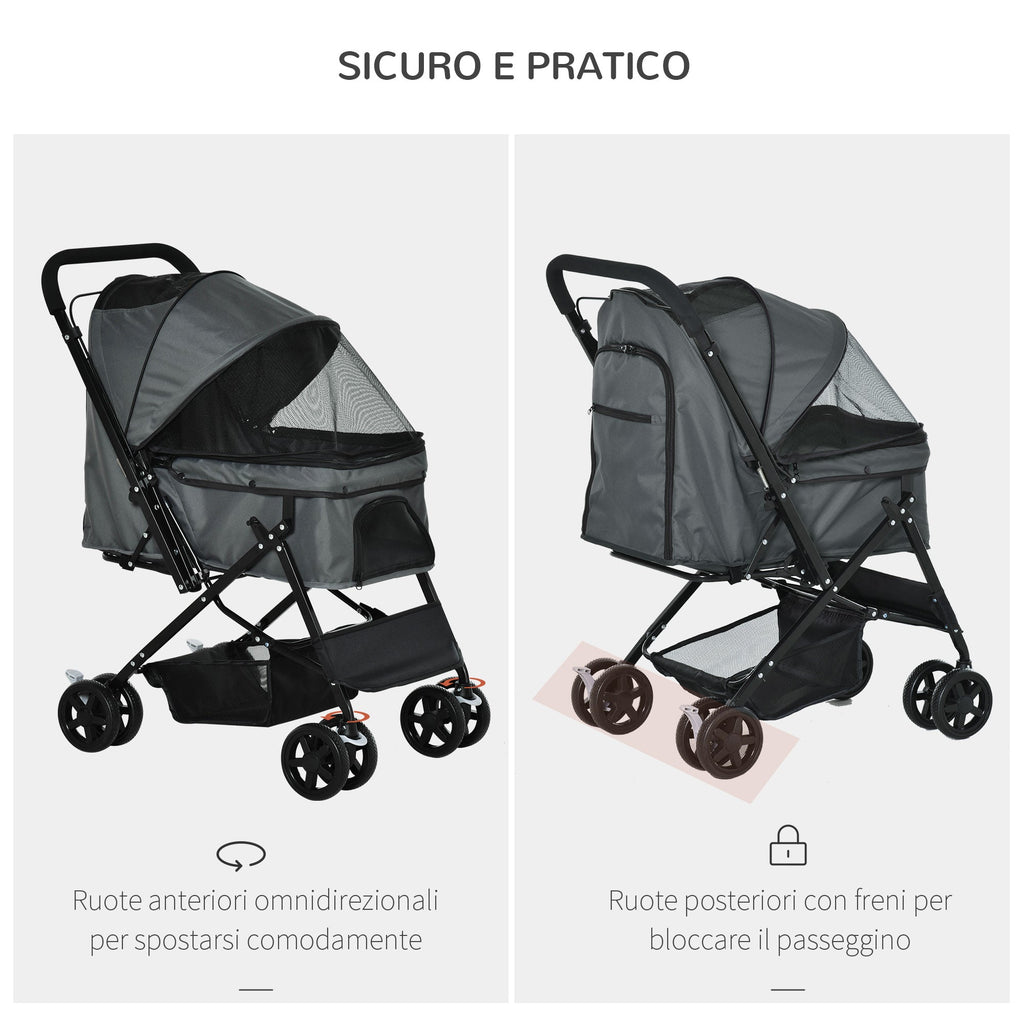 EASYCOMFORT Foldable Stroller for Small Dogs with Swivel Handle and Storage Basket, 76.5x52x95 cm, Gray