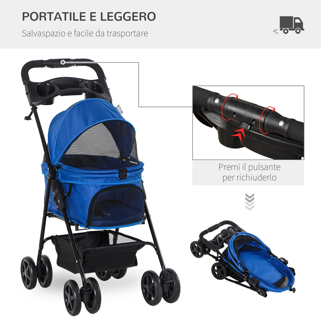 EASYCOMFORT Vouwbare hondenbuggy met veiligheidsriem en opbergmand, blauw