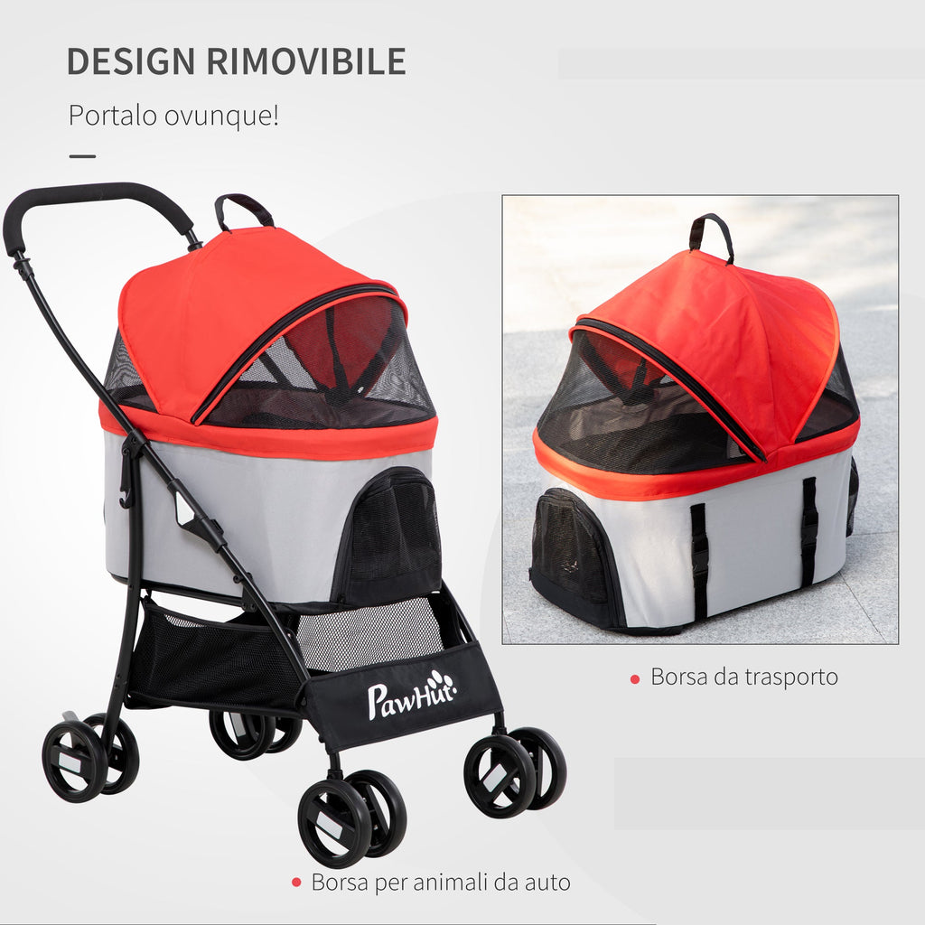 EASYCOMFORT Foldable Dog Stroller with Removable Carrier and Canopy, 82x49.5x98cm, Red