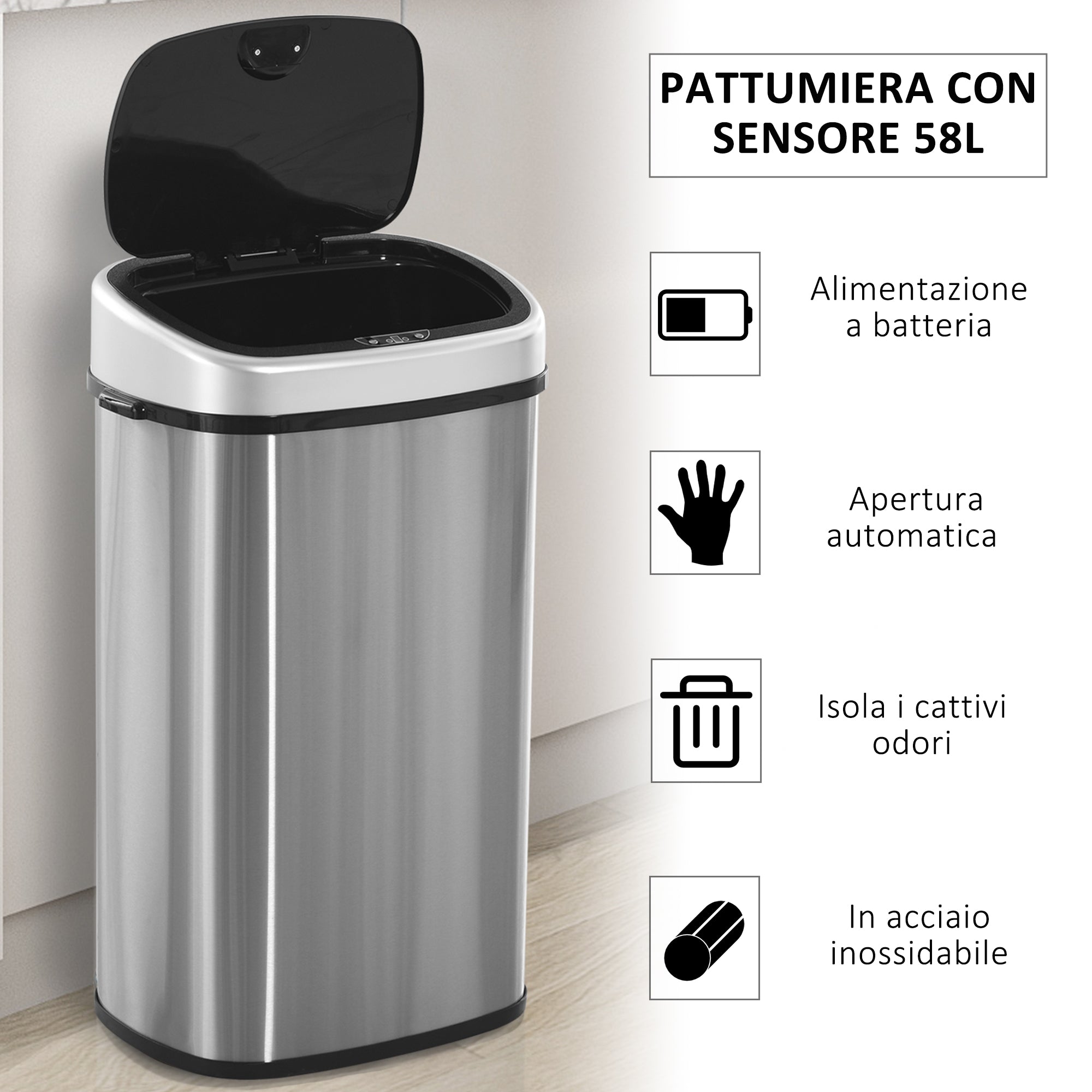 Easycomfort Pattumiera Cestino Bidone with Coperchio a Sensore ad Infrarossi per Cucina Bagno Capacità 58L in Acciaio ABS 40.9 × 28.9 × 68cm