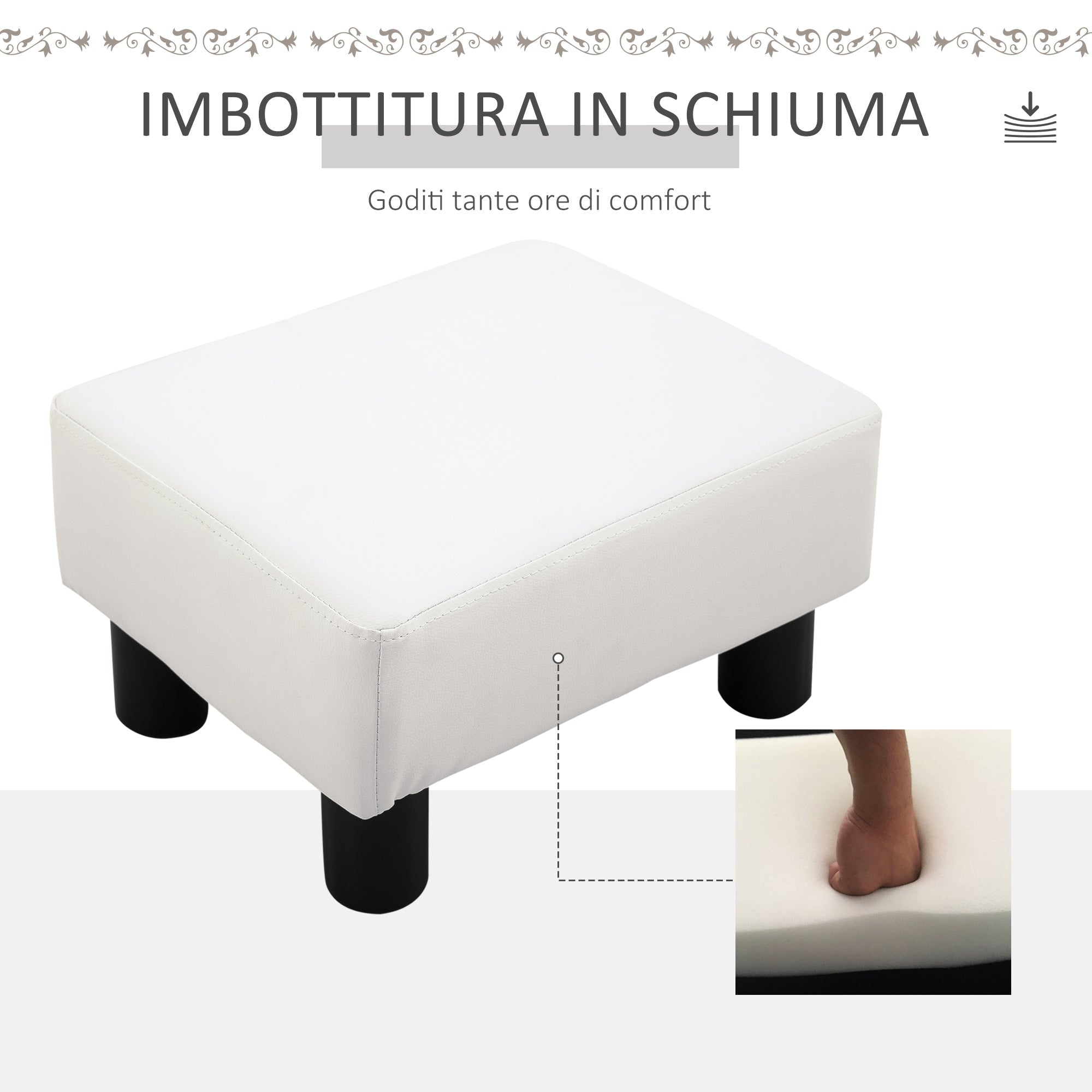 EasyComfort Poggiapiedi Rettangolare Imbottito e Rivestito in Finta Pelle Bianca, per Soggiorno e Ingresso, 40x30x24 cm