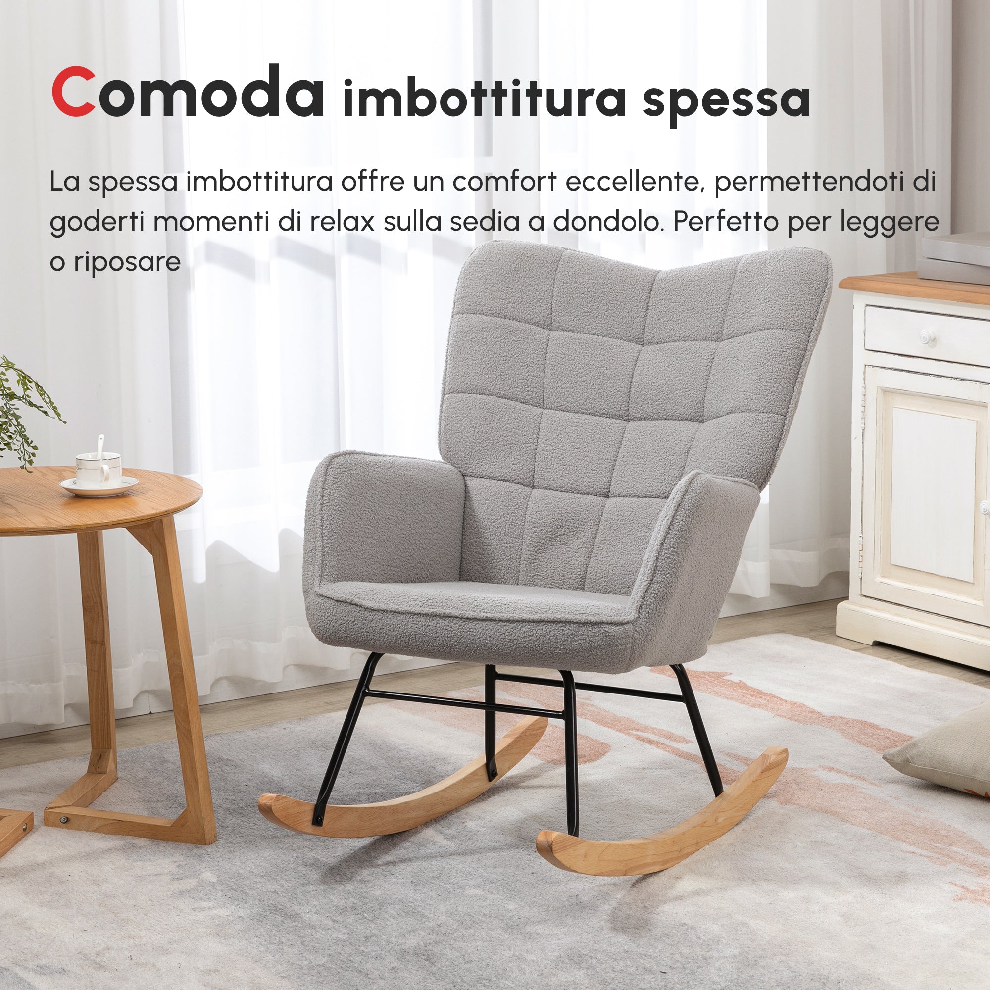 EasyComfort Poltrona a Dondolo Imbottita in Legno e Acciaio with Rivestimento Bouclé, 71x98x101 cm, Grigio