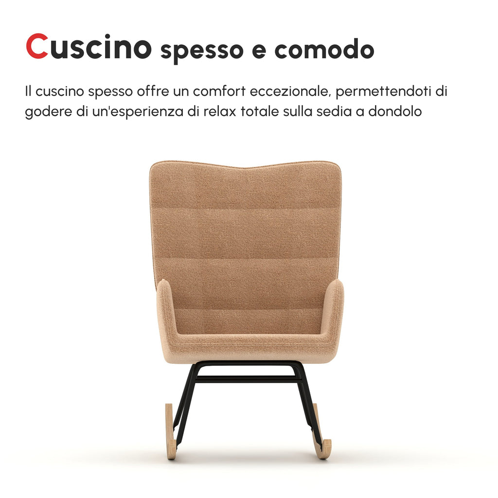 EasyComfort Poltrona a Dondolo Imbottita in Legno e Acciaio with Rivestimento Bouclé, 71x98x101 cm, Marrone