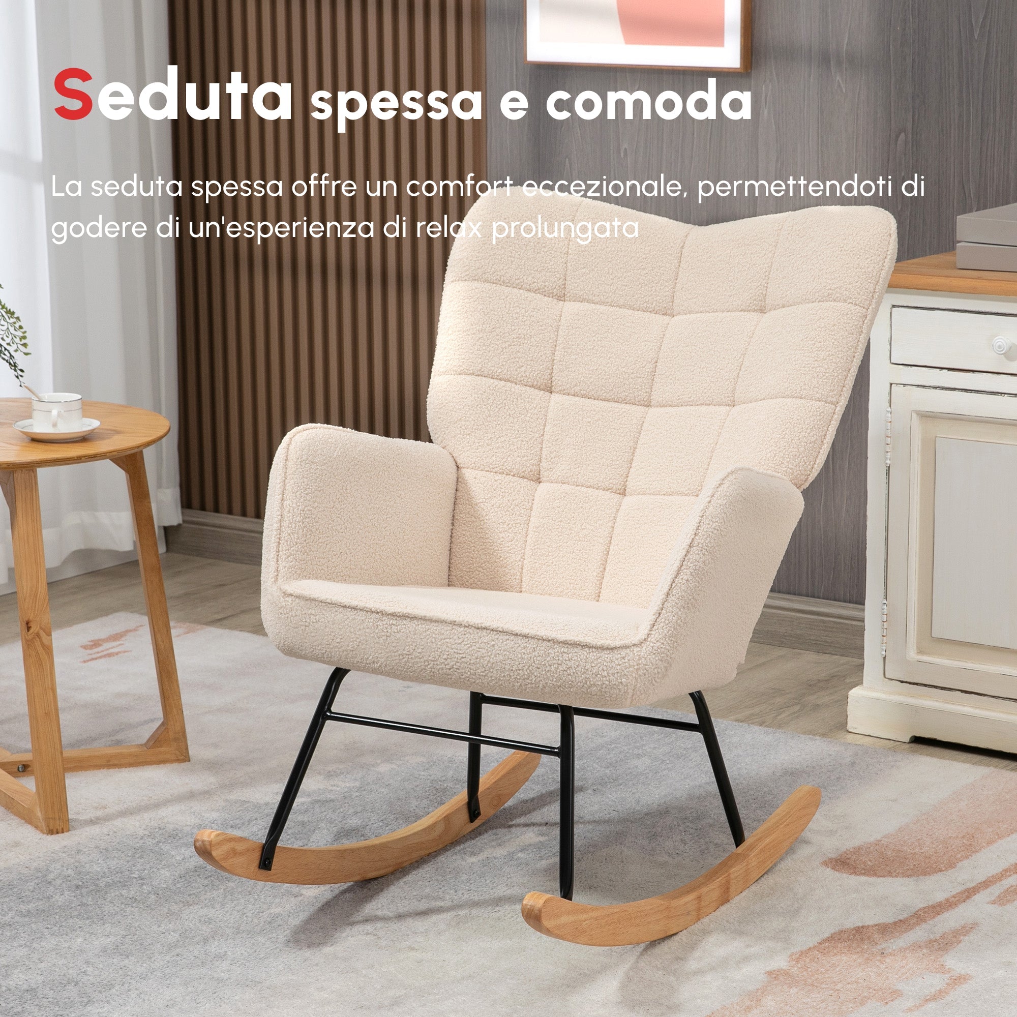 EasyComfort Poltrona a Dondolo Imbottita in Legno e Acciaio per Soggiorno e Camera da Letto, 71x98x101 cm, Beige