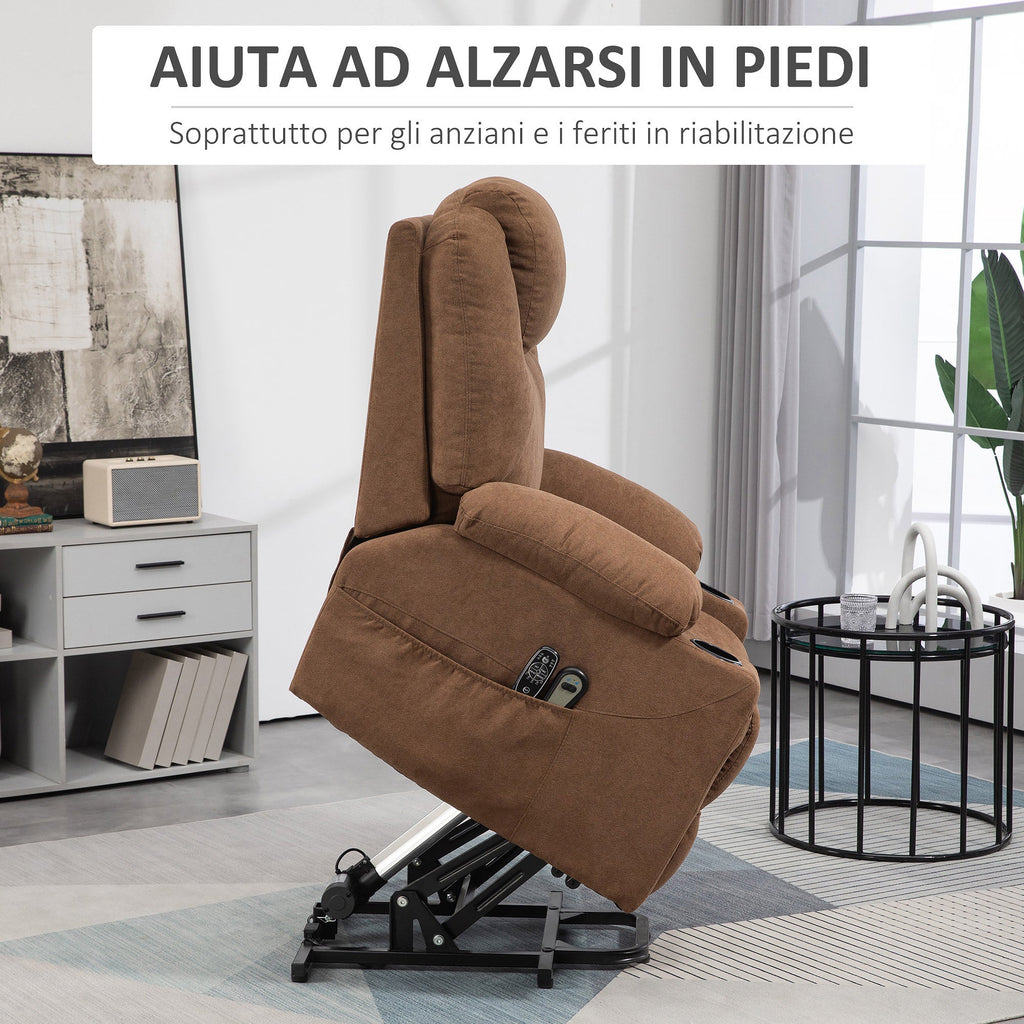 EasyComfort Poltrona Alzapersona Massaggiante a 8 Punti with Telecomando, in Tessuto Effetto Lino, 90x101x107 cm, Caffè