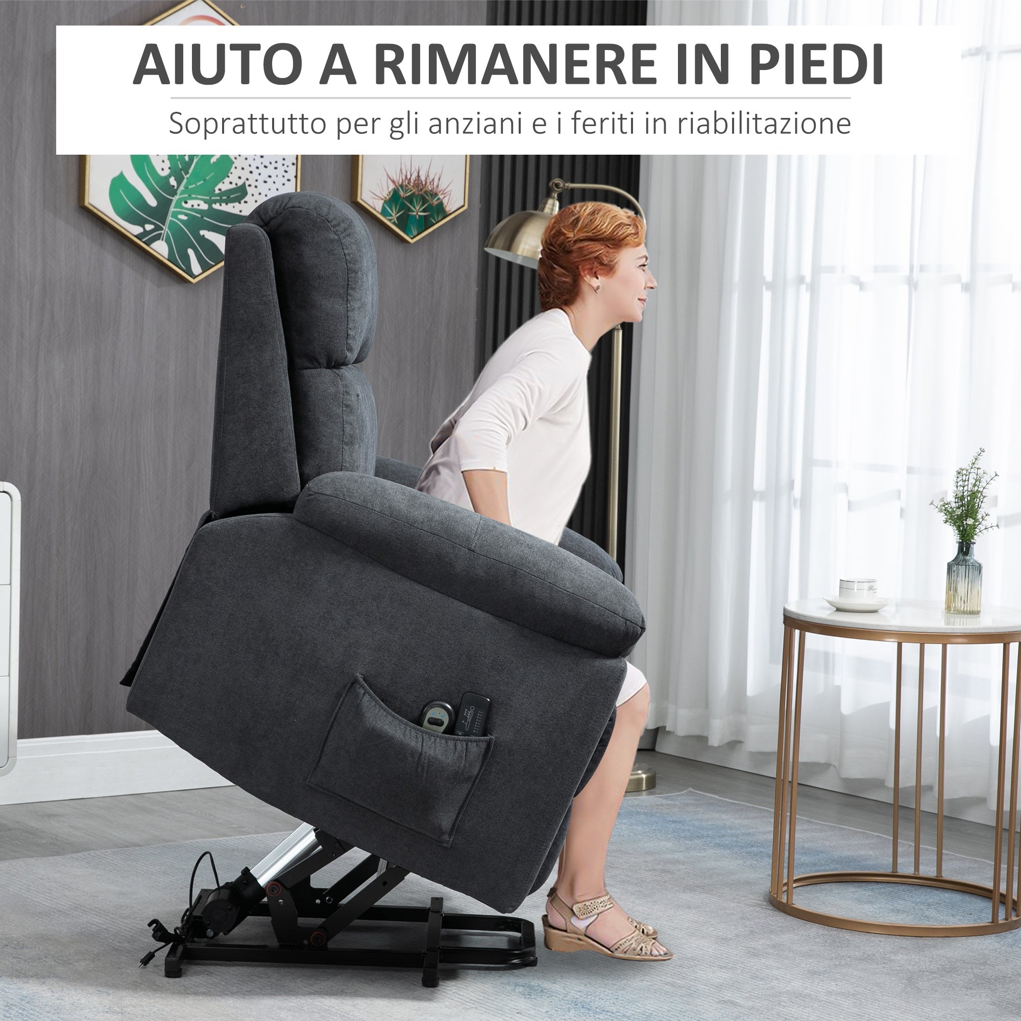 Easycomfort Poltrona Alzapersona Reclinabile fino a 135° with 8 Punti Massaggianti, Telecomando e Poggiapiedi 89x99x103 cm, Grigio