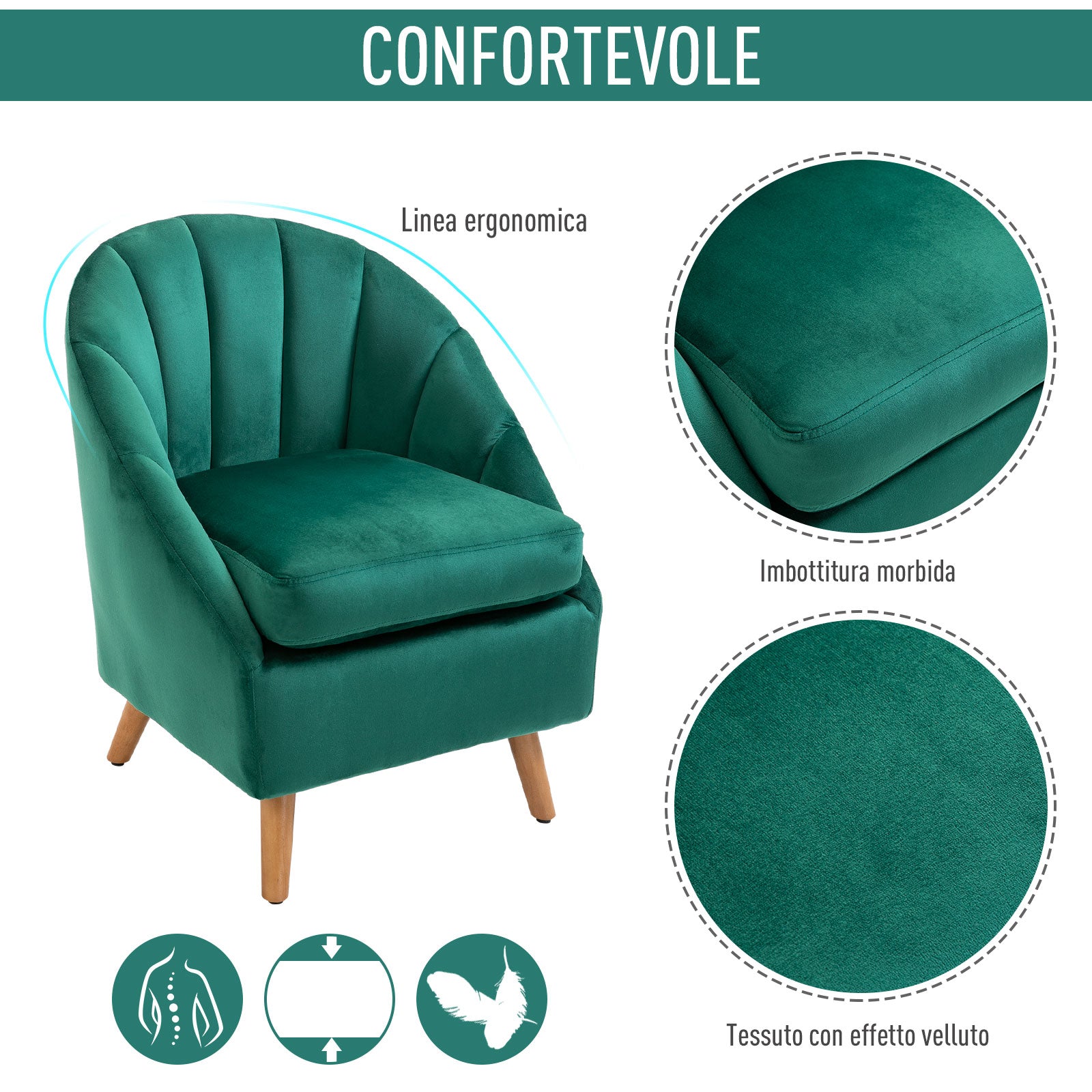 Easycomfort Poltrona da Camera da Letto e Salotto in Velluto Verde with Imbottitura Spessa e Solida Struttura in Legno (67x65x77cm)