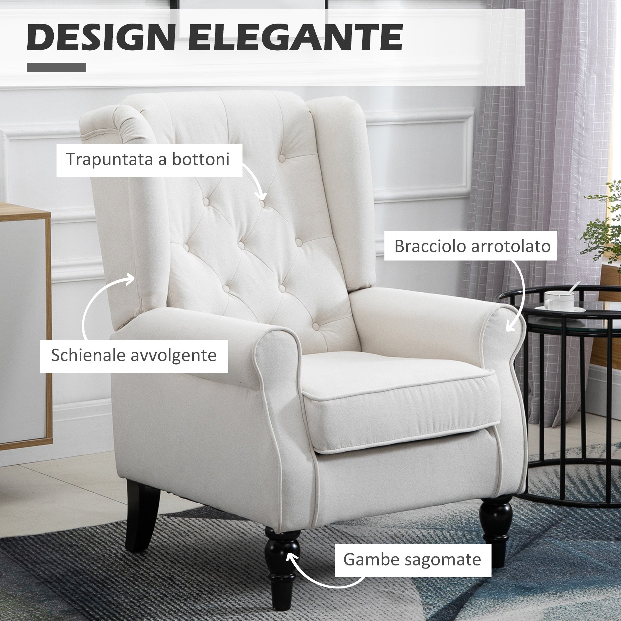 EasyComfort Poltrona da Salotto Imbottita in Tessuto with Schienale Trapuntato, 74x86x102cm, white Crema