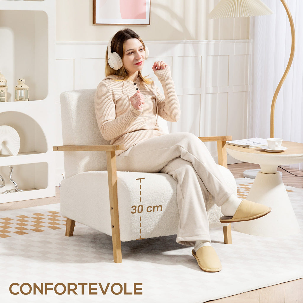 EasyComfort Poltrona da Salotto in Tessuto Sherpa with Braccioli e Gambe in Legno Stile Nordico, Crema