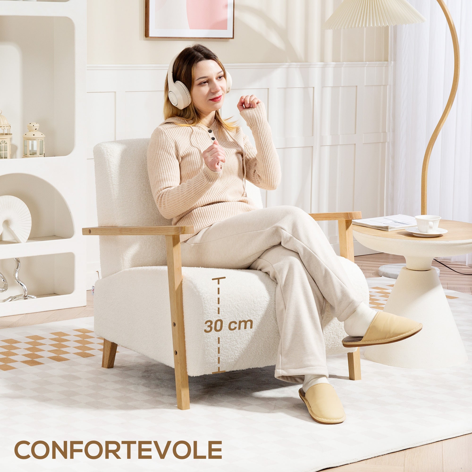 EasyComfort Poltrona da Salotto in Tessuto Sherpa with Braccioli e Gambe in Legno Stile Nordico, Crema