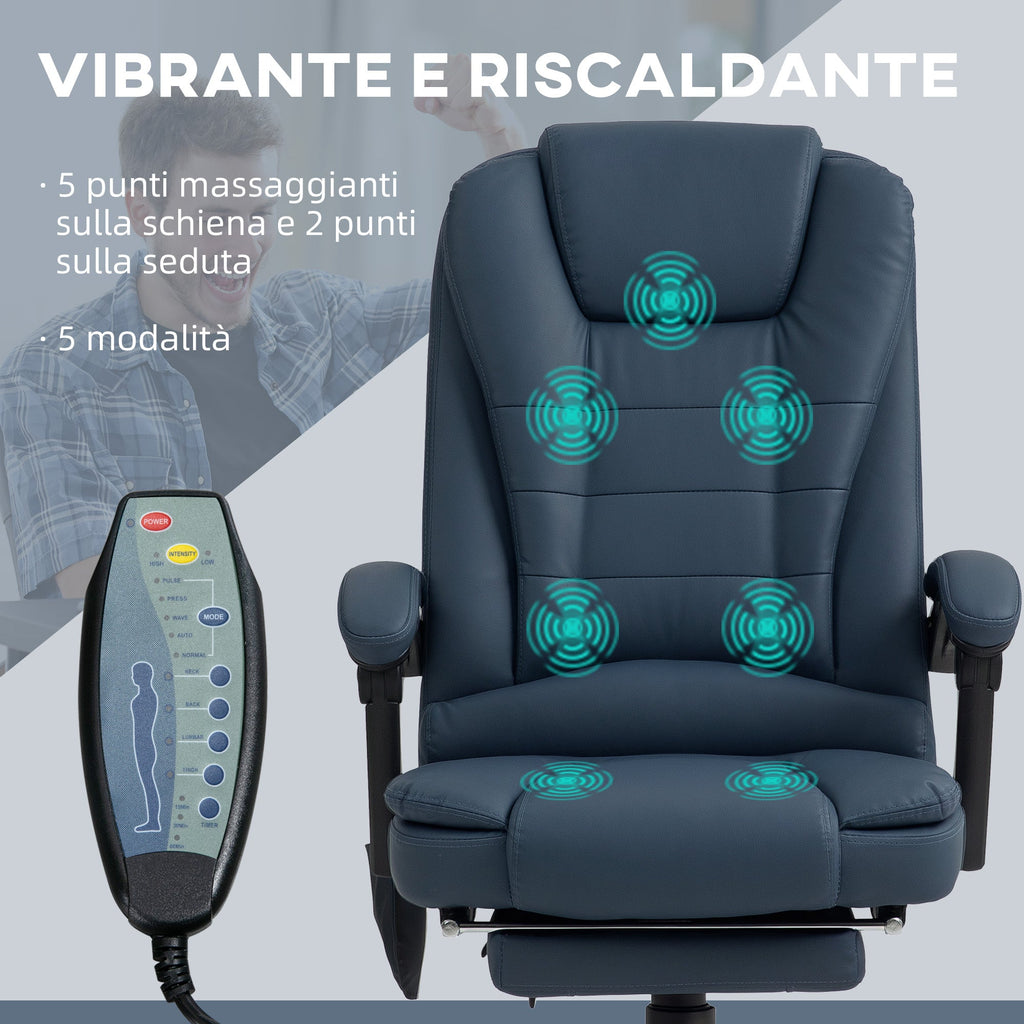 EasyComfort bureaustoel met 7 massagepunten en voetensteun, 67x67x111-121 cm, Blauw