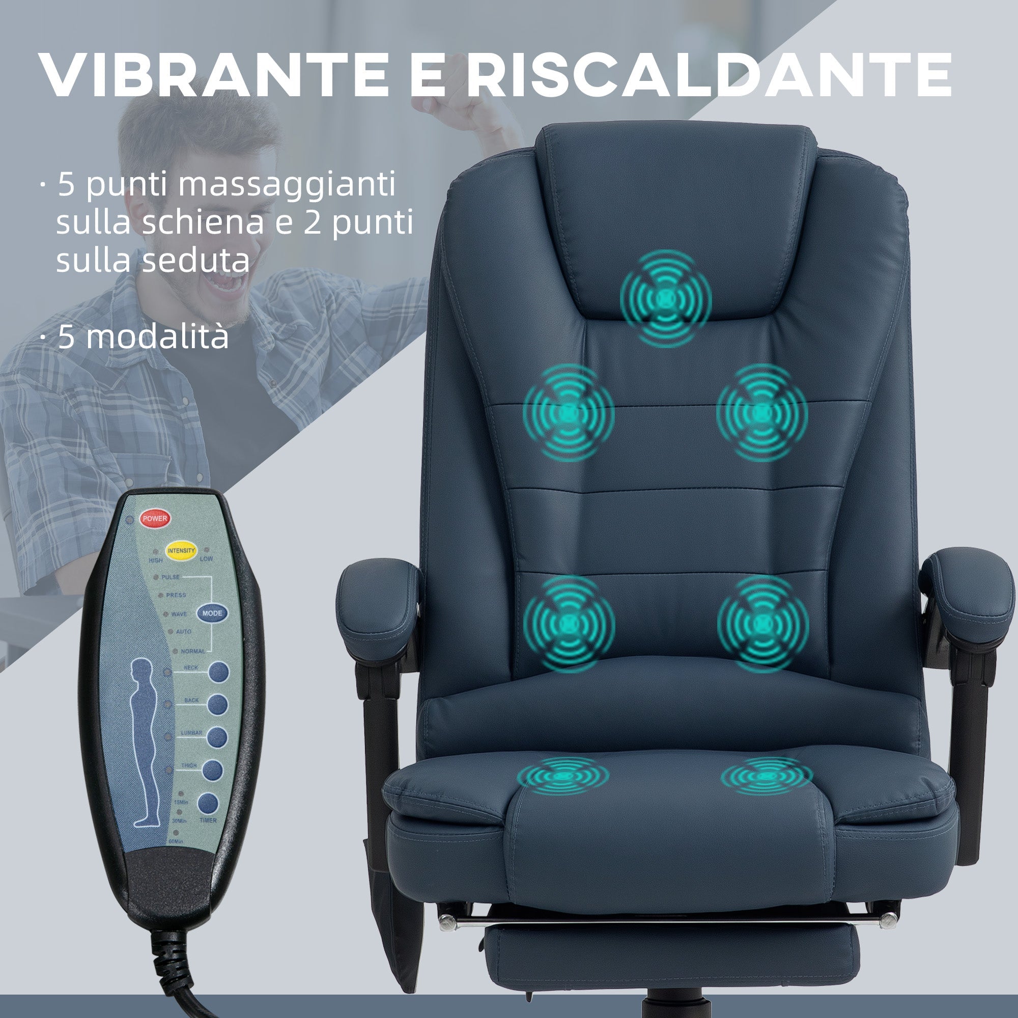 EasyComfort bureaustoel met 7 massagepunten en voetensteun, 67x67x111-121 cm, Blauw