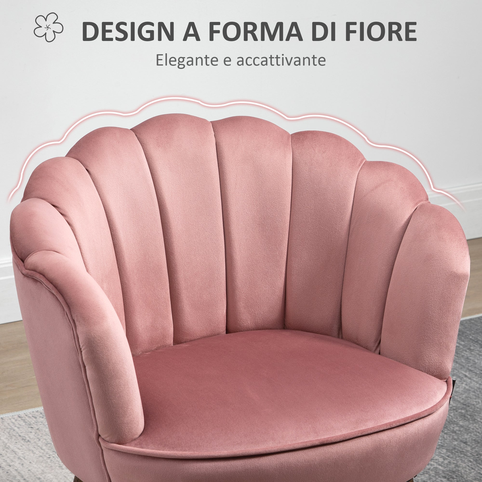 Easycomfort Poltrona Imbottita with Schienale a Conchiglia e Gambe in Legno, Poltrona in Velluto per Salotto e Camera, 66x66x78.5cm, Rosa