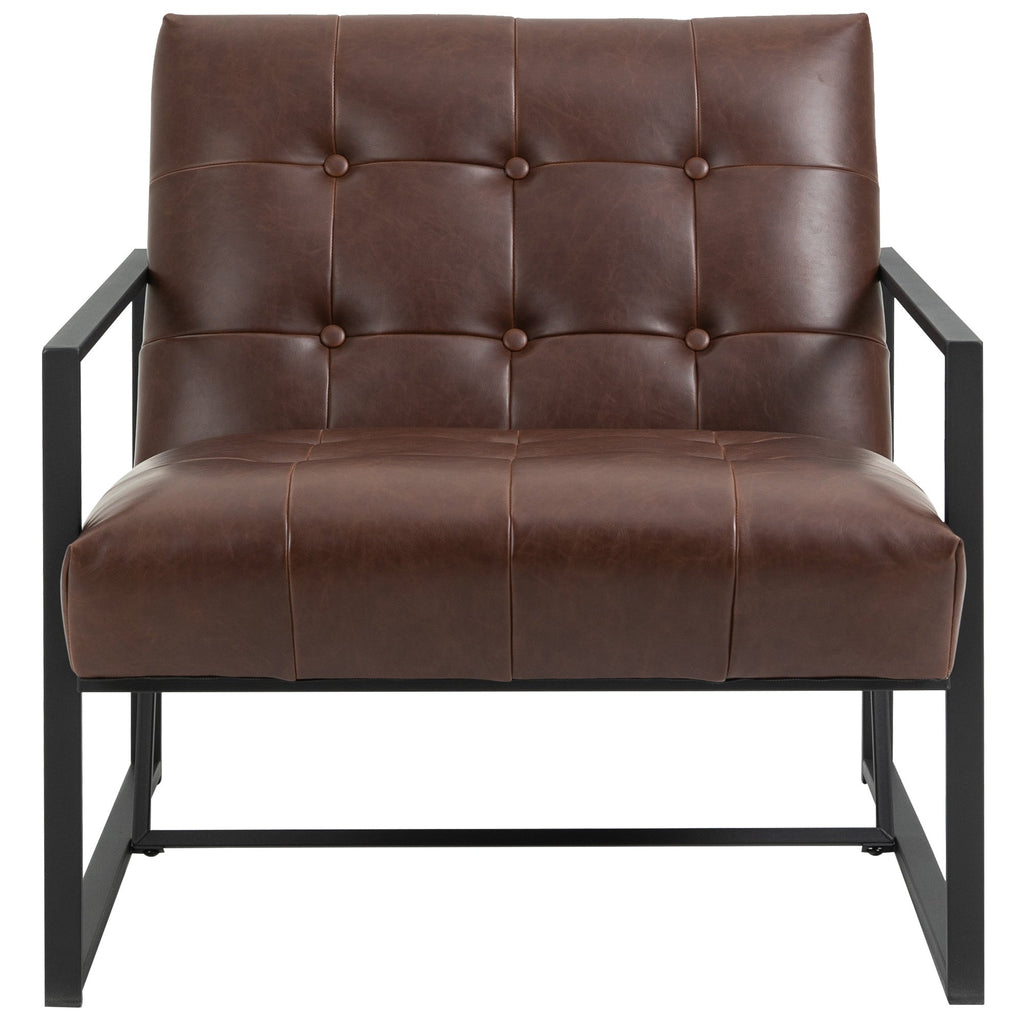 Easycomfort Poltrona Imbottita Stile Industriale Trapuntata a Bottoni, Arredamento Moderno Poltroncina da Ingresso in Metallo e PU, 75x81x78cm Marrone