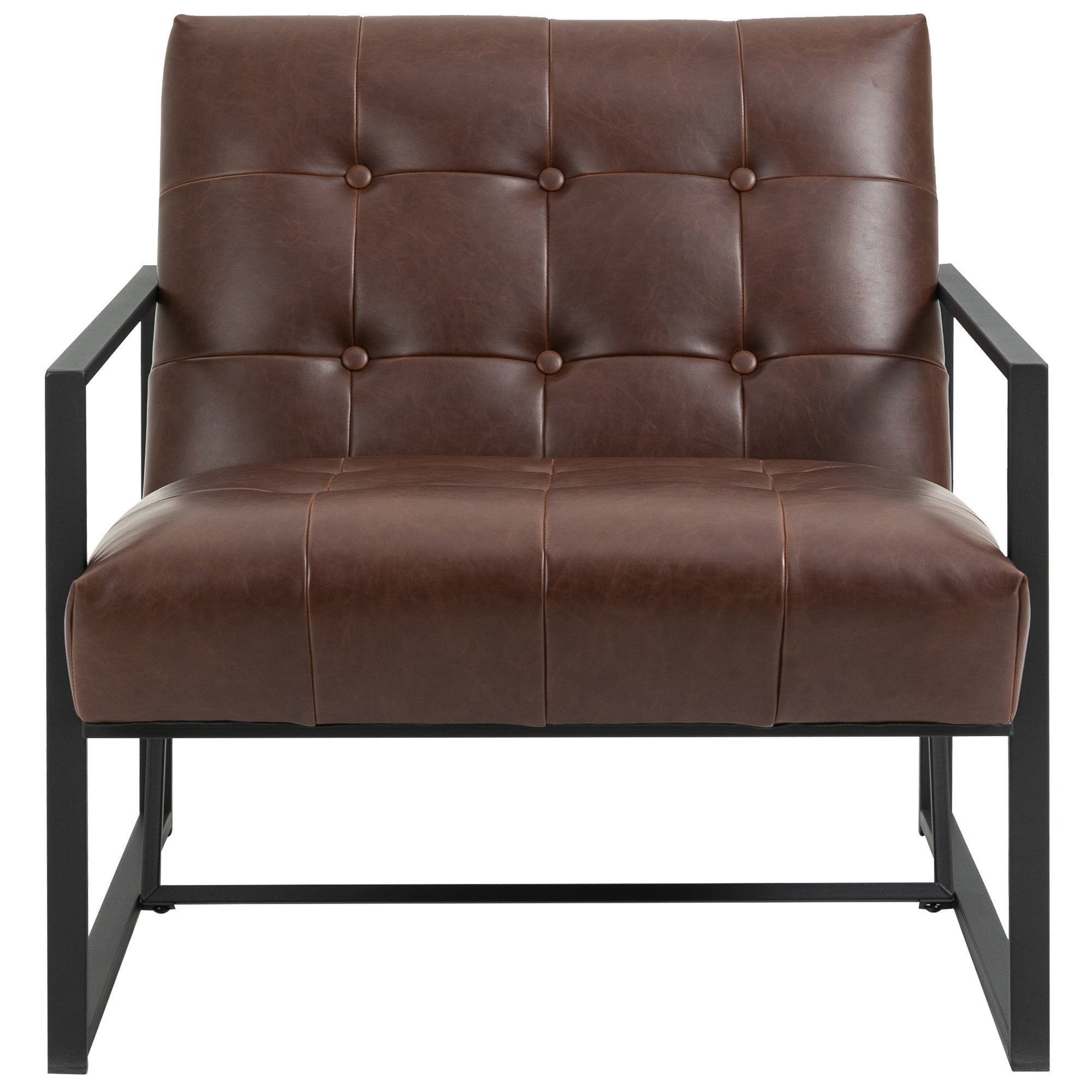 Easycomfort Poltrona Imbottita Stile Industriale Trapuntata a Bottoni, Arredamento Moderno Poltroncina da Ingresso in Metallo e PU, 75x81x78cm Marrone