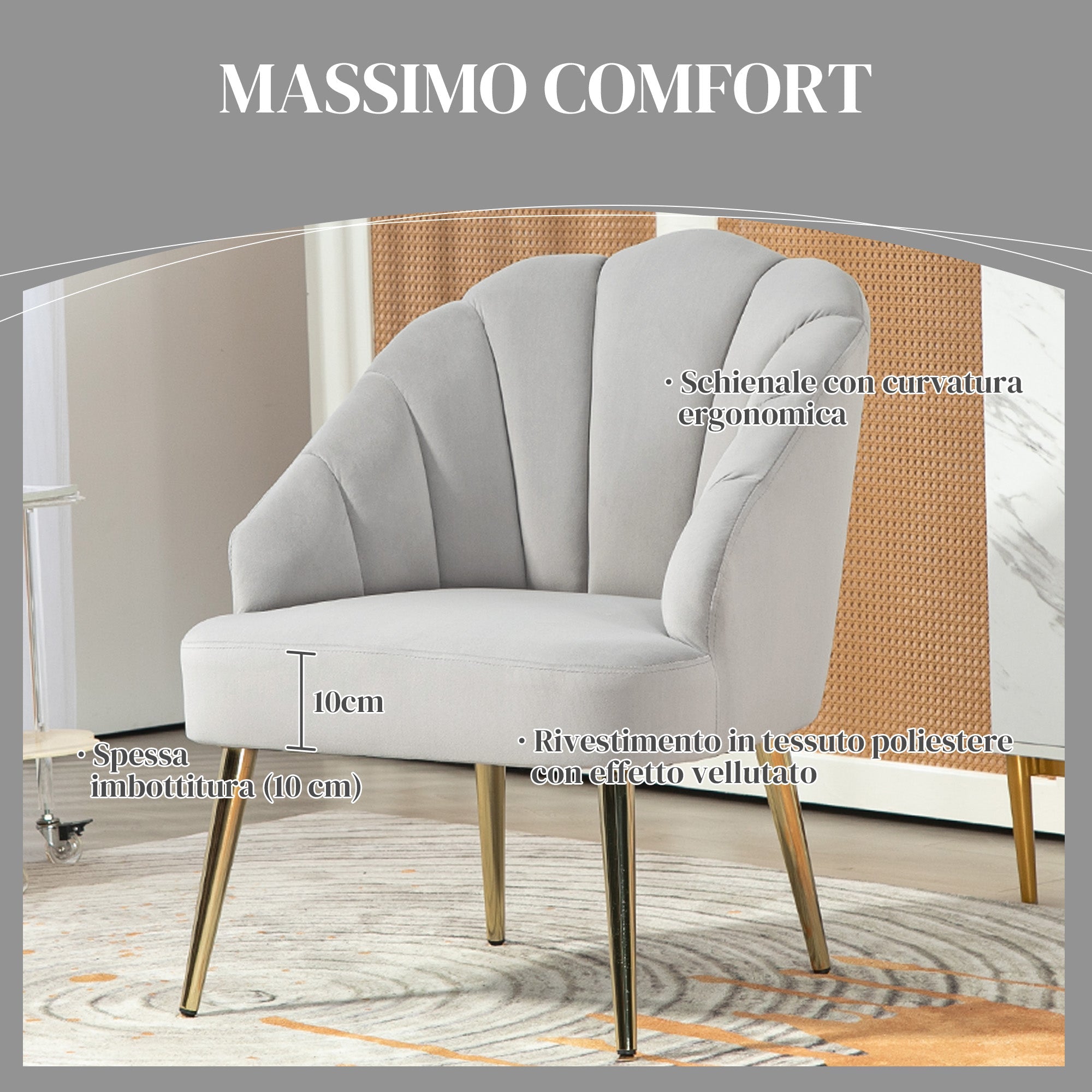 EasyComfort Fauteuil Art Deco schelp 63x65x84 cm, grijs