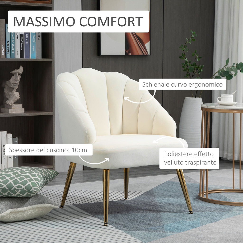 Easycomfort Poltrona in Velluto Imbottita with Schienale a Conchiglia e Gambe in Acciaio per Camera e Salotto, 63x65x84cm, Crema
