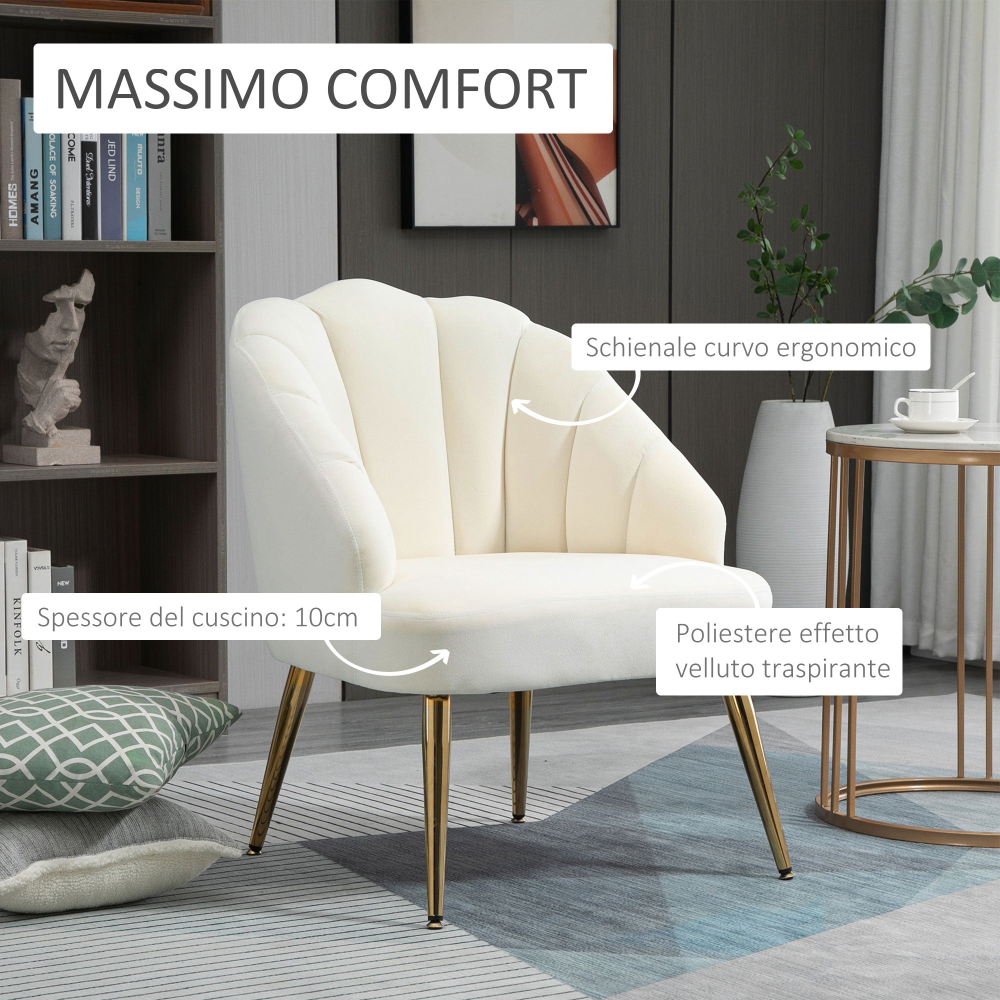 Easycomfort Poltrona in Velluto Imbottita with Schienale a Conchiglia e Gambe in Acciaio per Camera e Salotto, 63x65x84cm, Crema