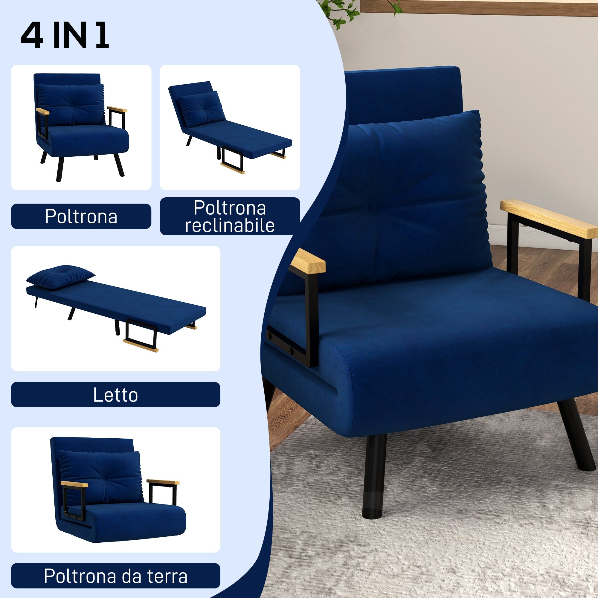 EasyComfort Poltrona Letto 3 in 1 with Schienale Reclinabile e Cuscino, in Tessuto Effetto Velluto, 63x73x81 cm, Blu