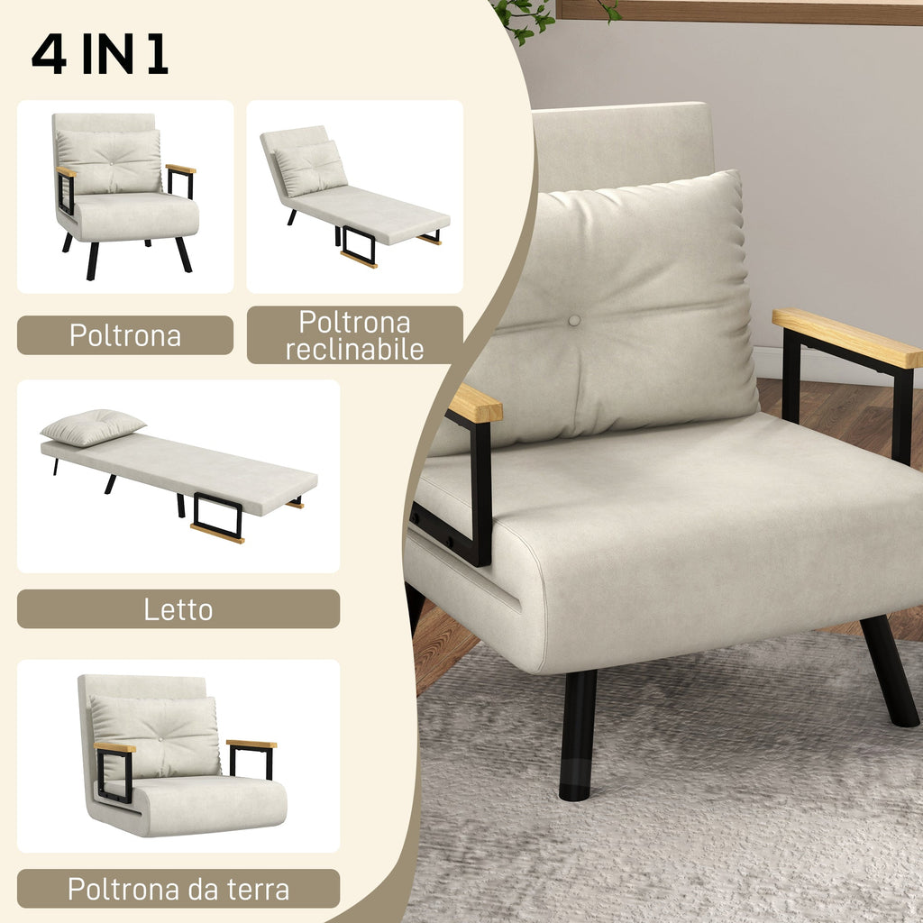 EasyComfort Poltrona Letto 3 in 1 with Schienale Reclinabile e Cuscino, in Tessuto Effetto Velluto, 63x73x81 cm, Crema