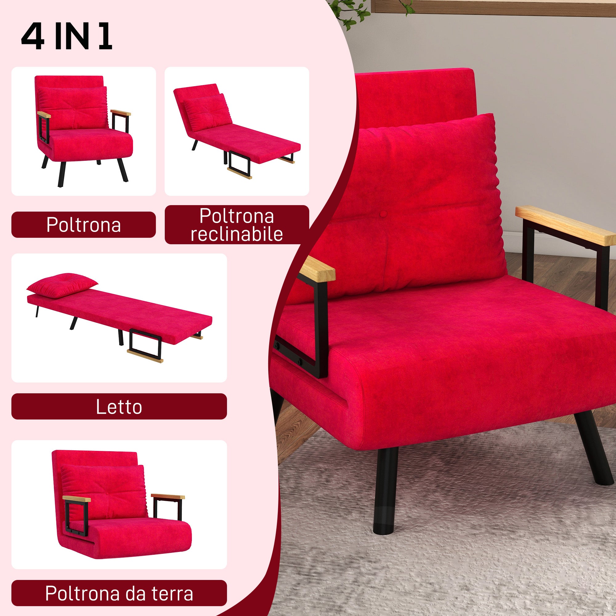 EasyComfort 3-in-1 slaapfauteuil met verstelbare rug 63x73x81 cm rood