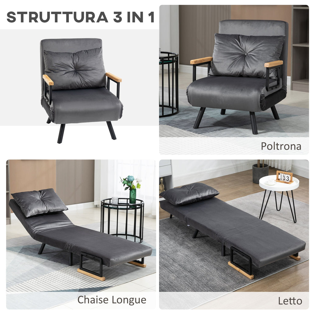 EasyComfort Poltrona Letto 3 in 1 with Schienale Reclinabile in 5 Posizioni e Cuscino, 63x73x81 cm, Grigio Scuro