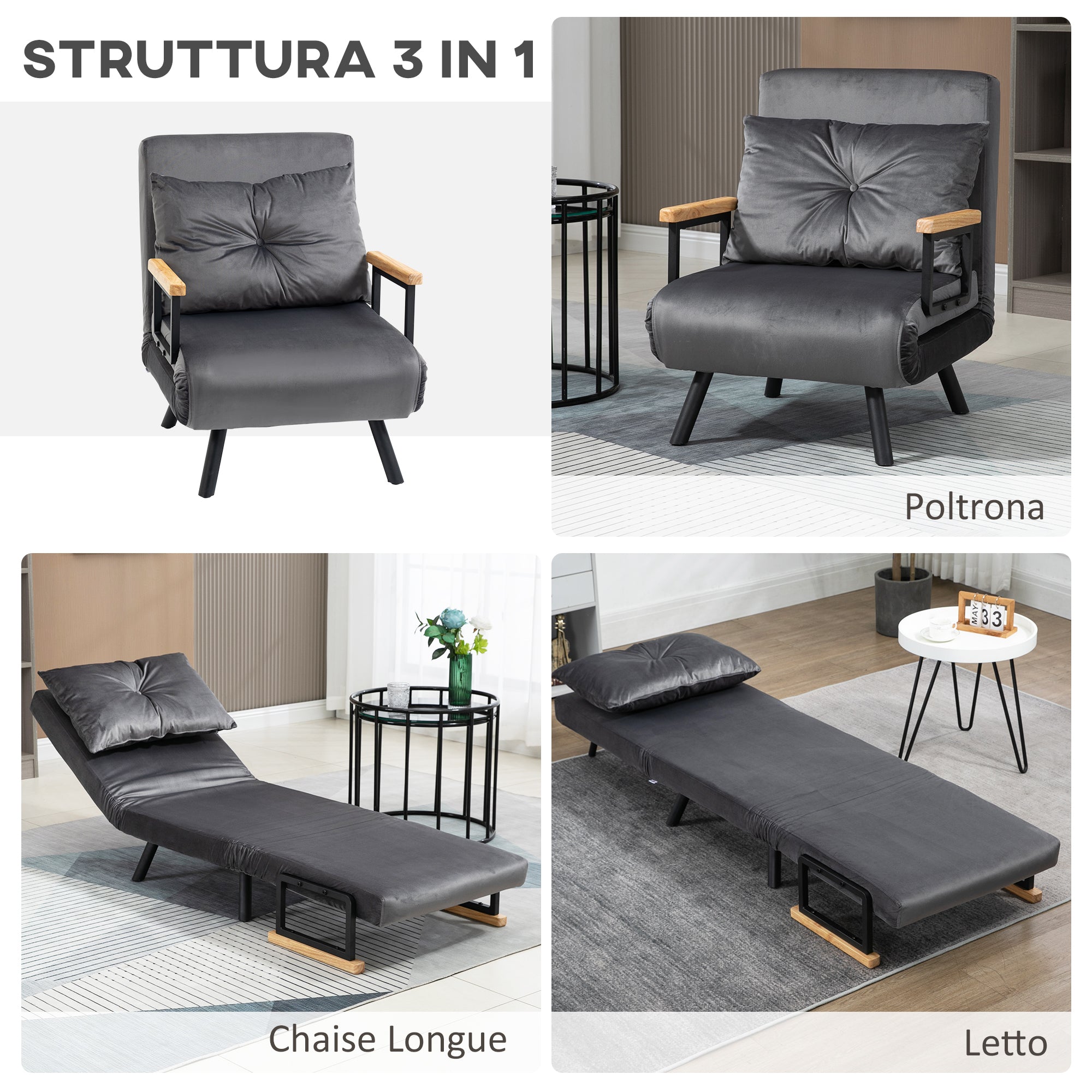 EasyComfort Poltrona Letto 3 in 1 with Schienale Reclinabile in 5 Posizioni e Cuscino, 63x73x81 cm, Grigio Scuro