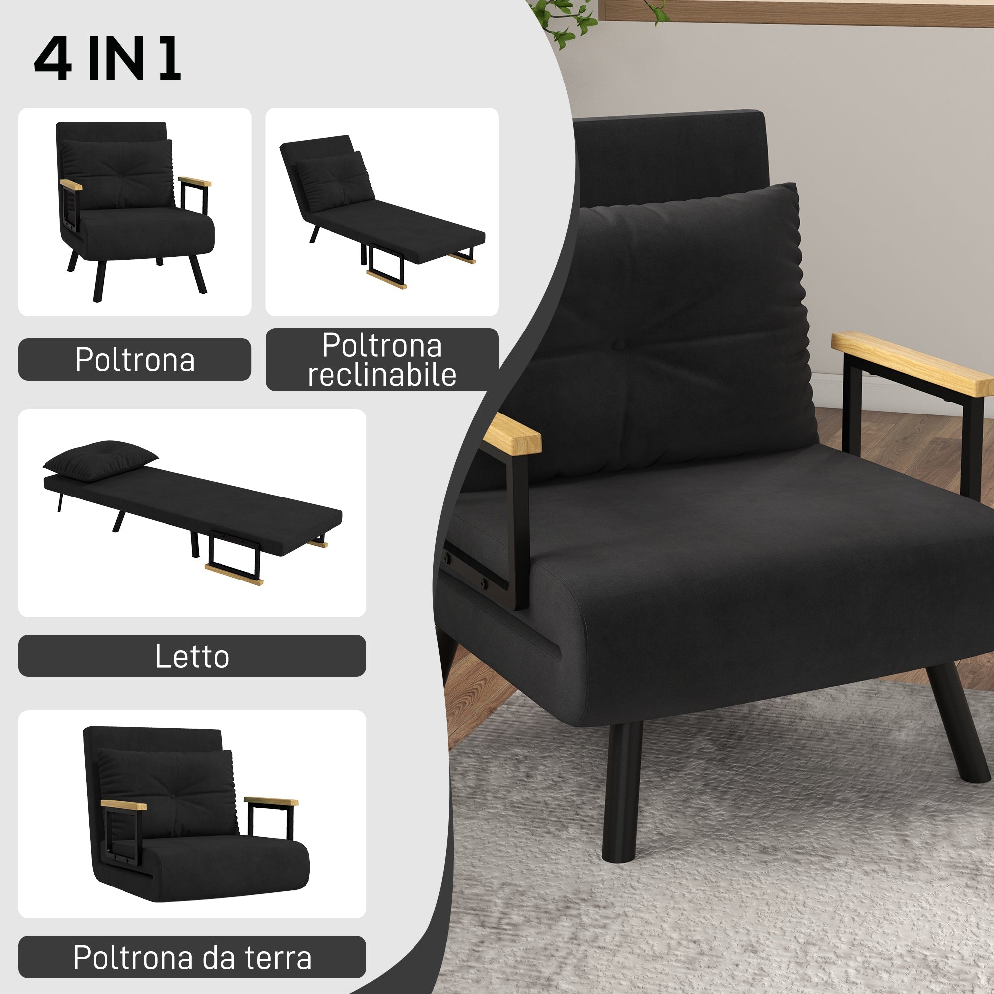 EasyComfort Poltrona Letto 3-in-1 slaapfauteuil, verstelbaar 5 posities, 63x73x81 cm, zwart