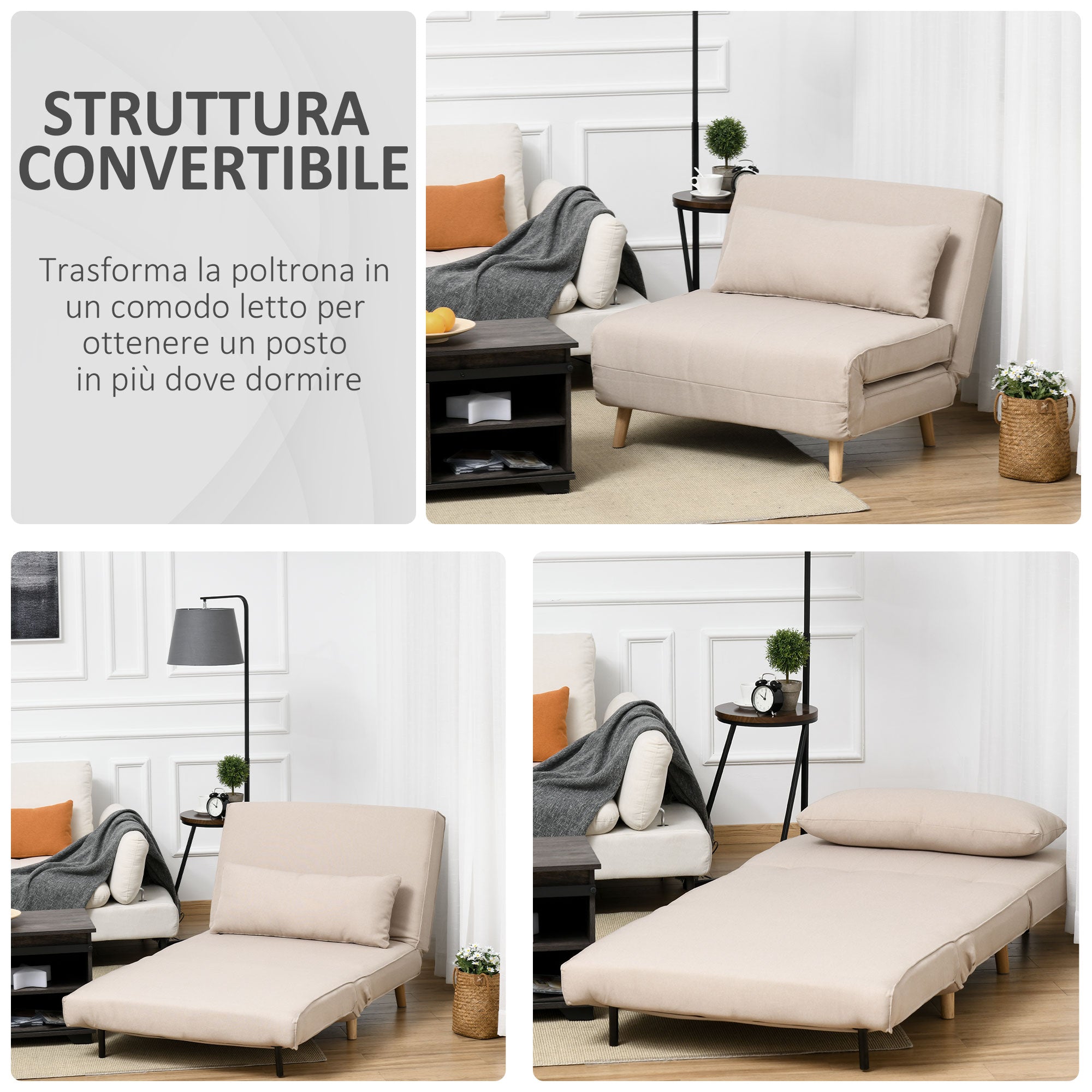 EasyComfort Poltrona Letto 3 in 1 with Schienale Reclinabile in 6 Posizioni, 94x78x80 cm, Beige