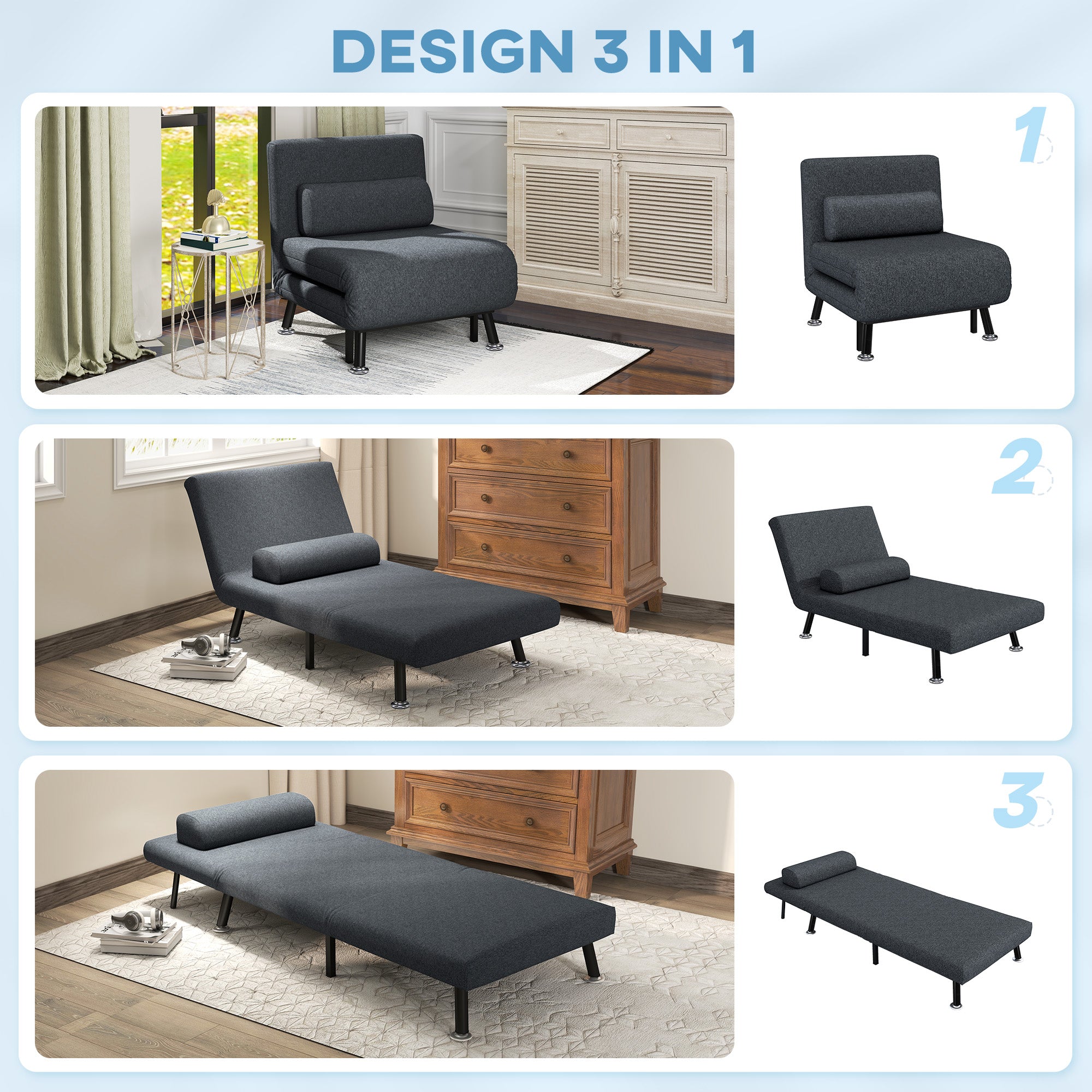 EasyComfort Poltrona Letto 3-in-1 Fauteuilbed Donkergrijs