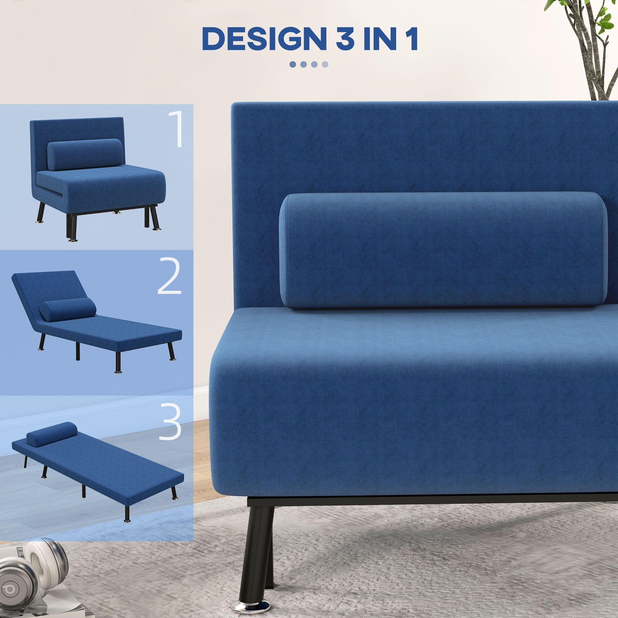 EasyComfort Poltrona Letto with Schienale Regolabile in 5 Posizioni, in Tessuto Effetto Lino e Acciaio, 75x70x75 cm, Blu Scuro