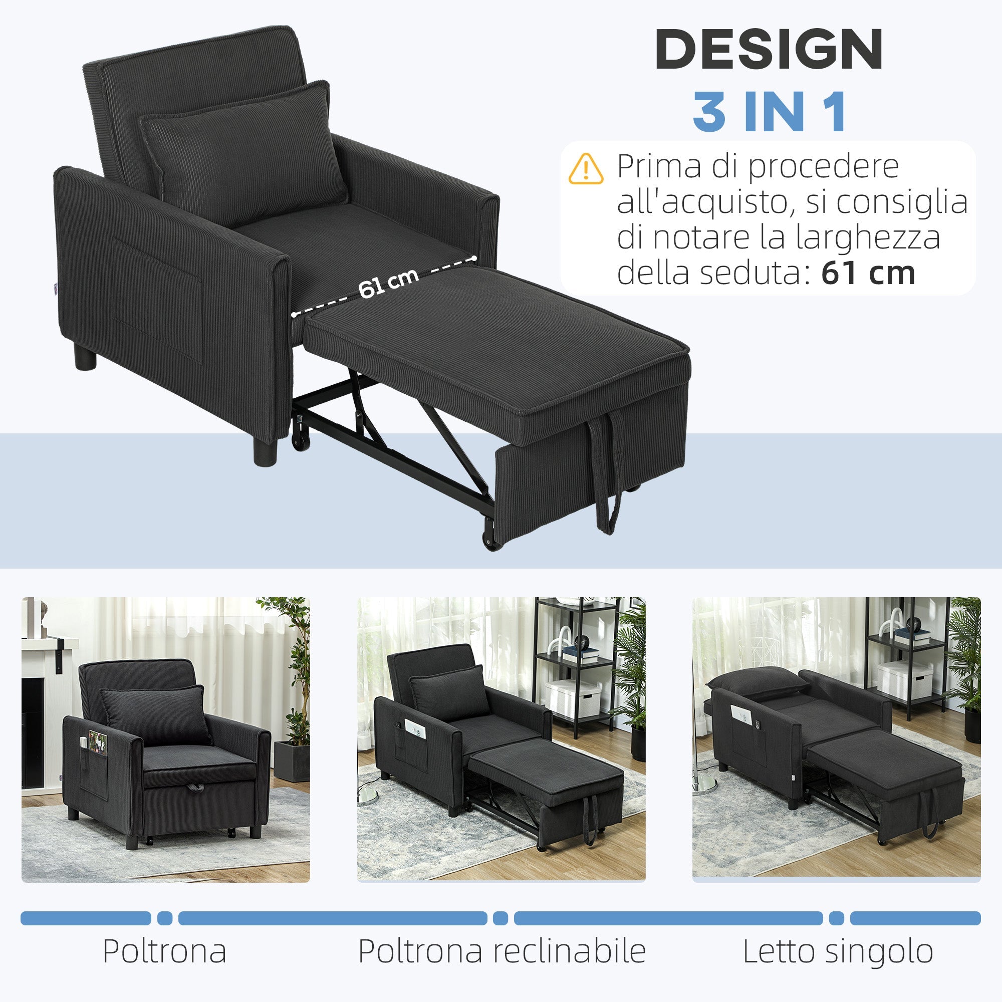 EasyComfort Poltrona Letto Reclinabile with Tasche Laterali, in Tessuto Effetto Velluto, 74x84x81 cm, Grigio Scuro
