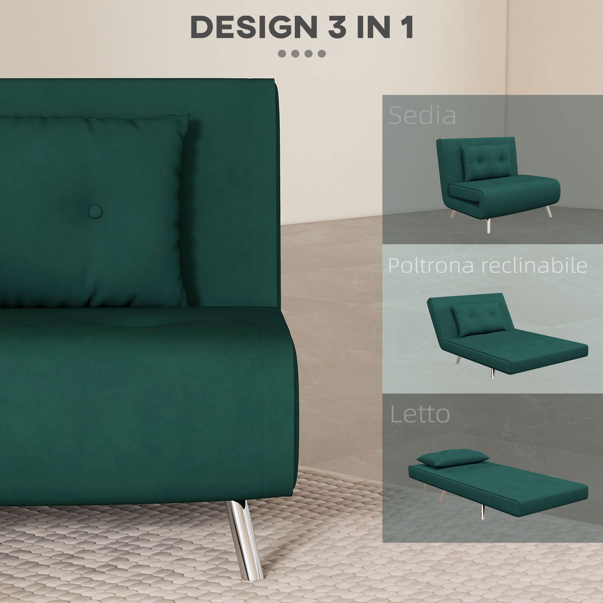 EasyComfort Poltrona Letto Singolo with Schienale Reclinabile in Velluto, 100x88x83cm, Verde Scuro