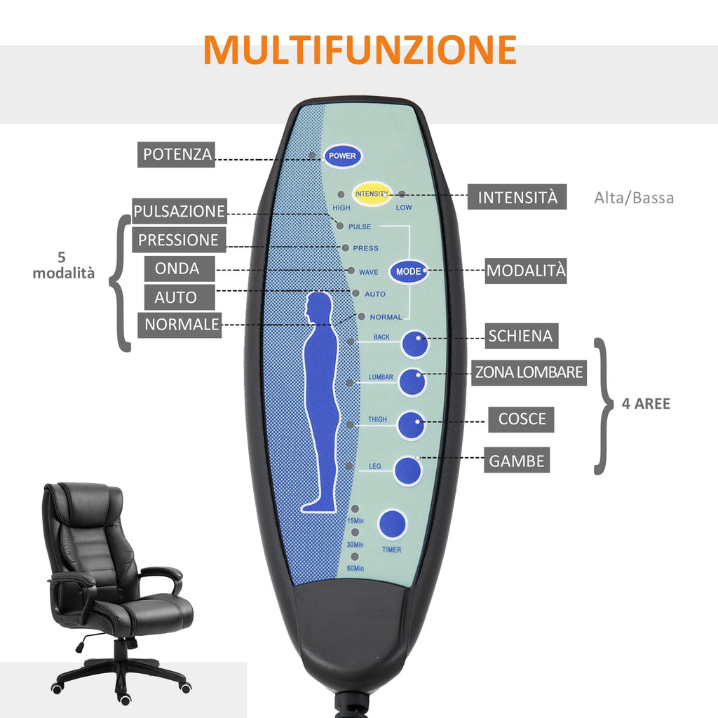 Easycomfort Poltrona Massaggiante da Ufficio a 6 Punti with Altezza Regolabile, in Similpelle Nera, 66x78x112-120 cm