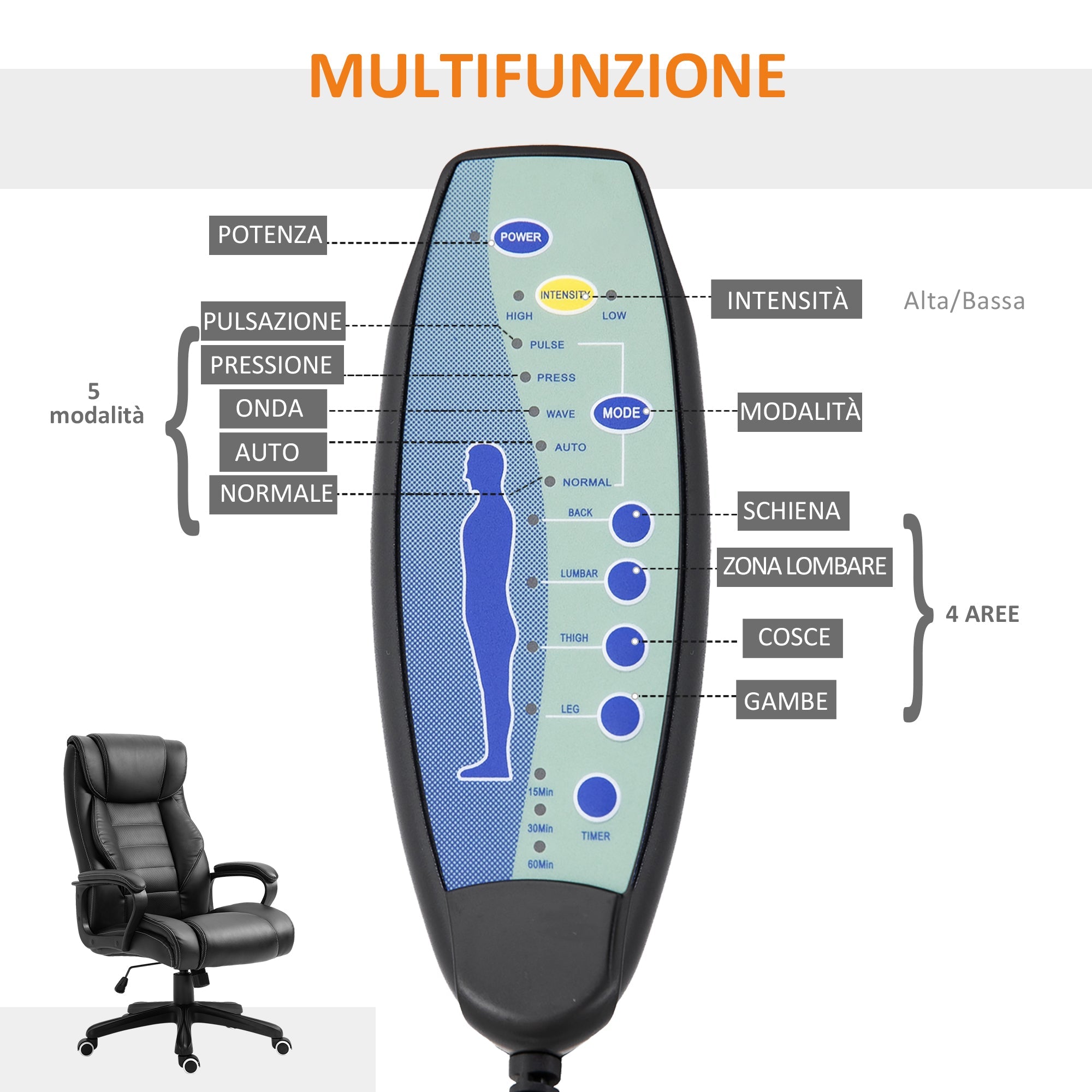 Easycomfort Poltrona Massaggiante da Ufficio a 6 Punti with Altezza Regolabile, in Similpelle Nera, 66x78x112-120 cm