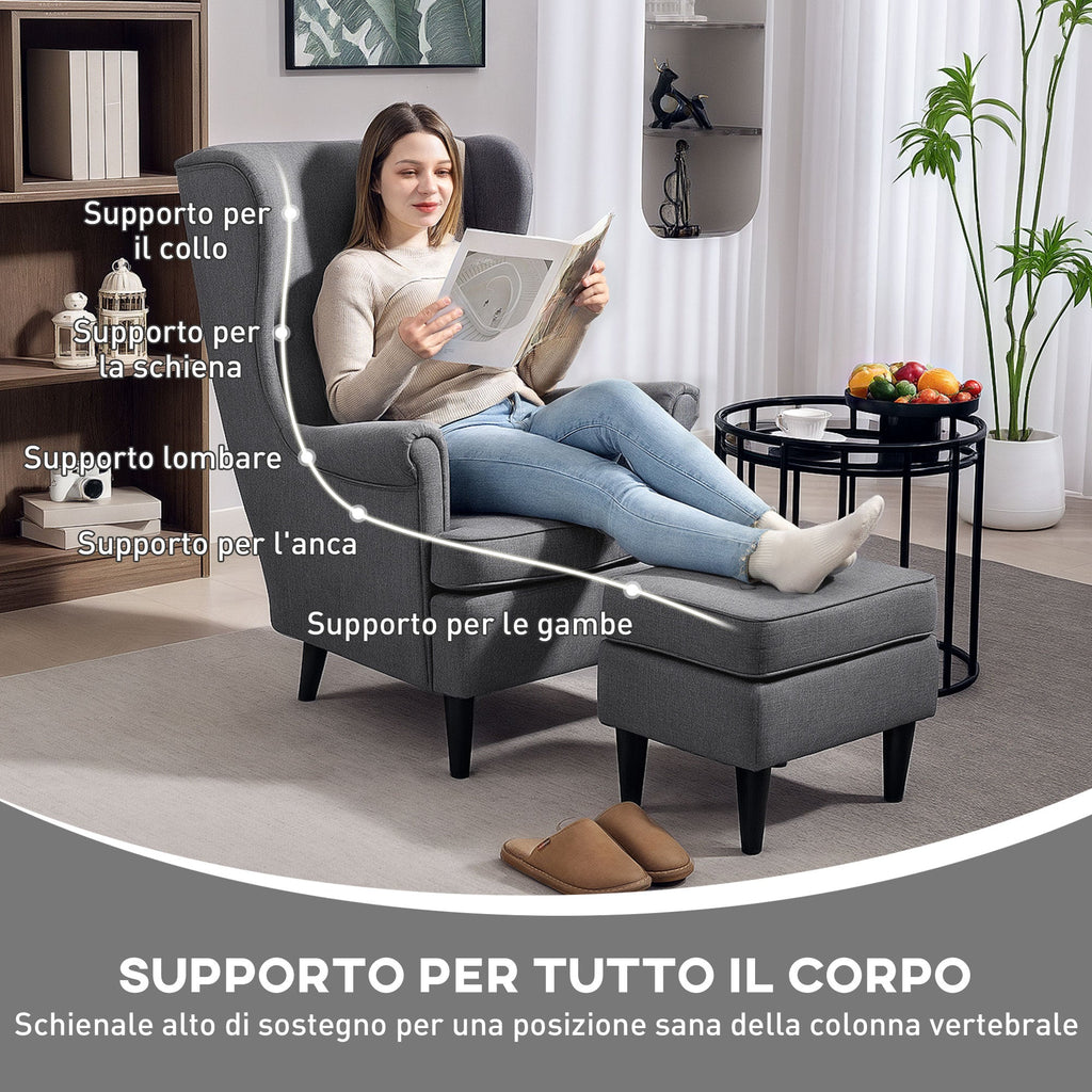 EasyComfort Poltrona per Salotto in Tessuto with Pouf Poggiapiedi, Schienale Alto e Cuscino, 75x83x104 cm, Grigio