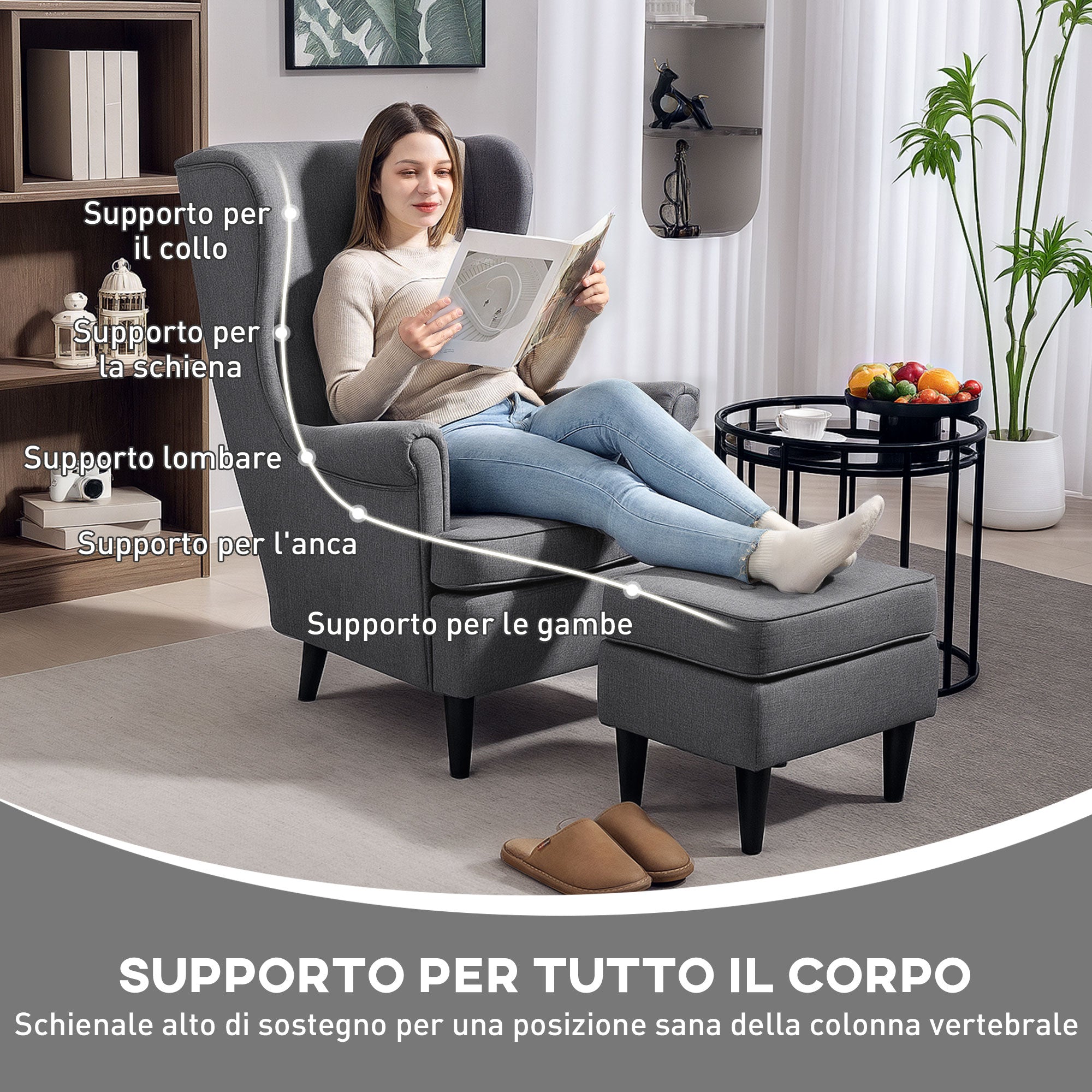 EasyComfort Poltrona per Salotto in Tessuto with Pouf Poggiapiedi, Schienale Alto e Cuscino, 75x83x104 cm, Grigio