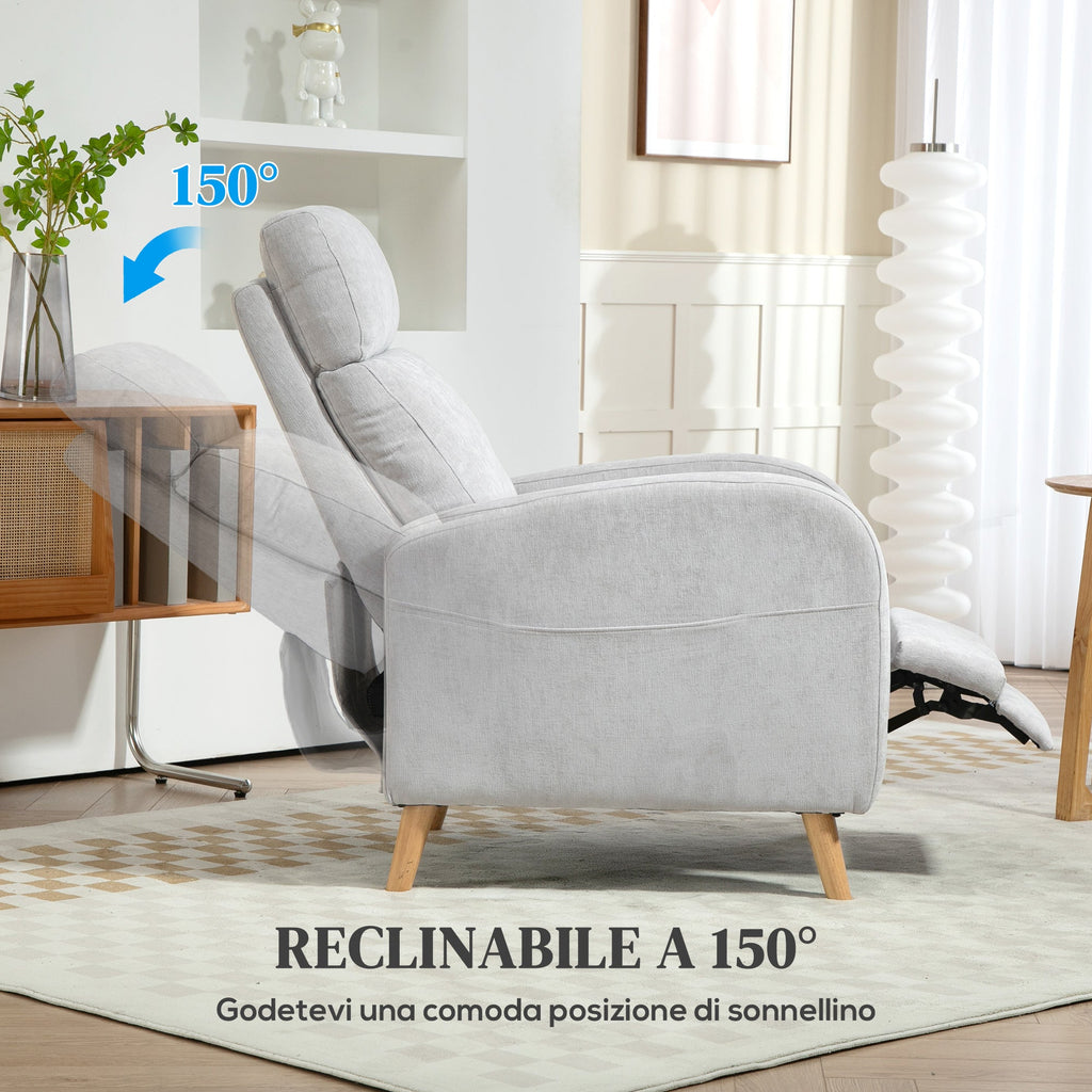 EasyComfort Poltrona Reclinabile 150° max with Poggiapiedi, in Tessuto Effetto Lino, 68x90x106 cm, Grigio Chiaro