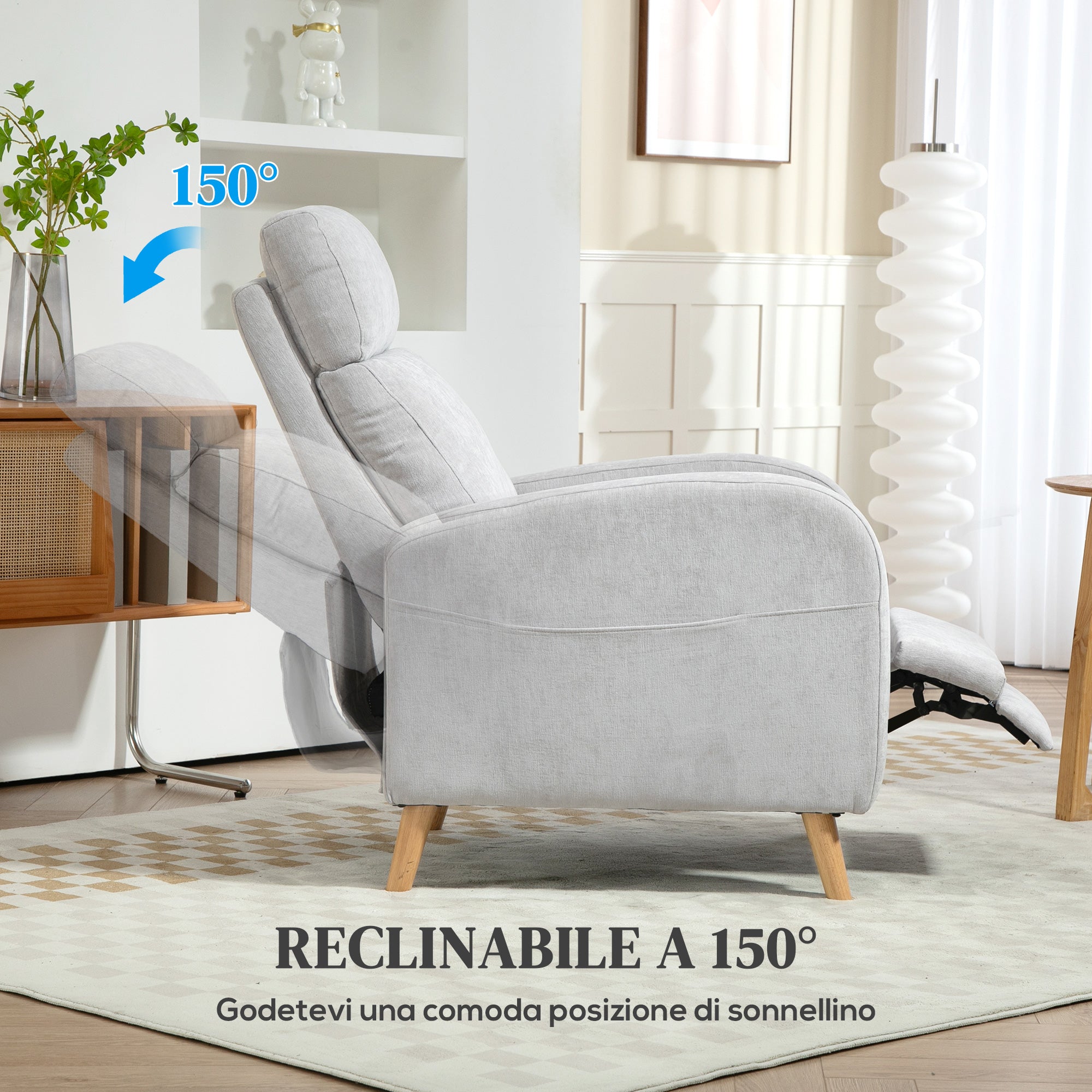 EasyComfort Poltrona Reclinabile 150° max with Poggiapiedi, in Tessuto Effetto Lino, 68x90x106 cm, Grigio Chiaro