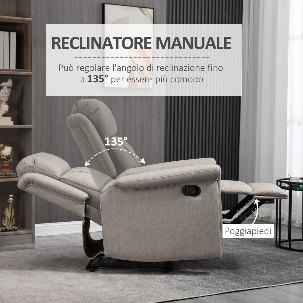 Easycomfort Poltrona Reclinabile Manualmente 135° with Poggiapiedi, Poggiatesta e Braccioli Imbottiti, 78x96x102 cm, Grigio