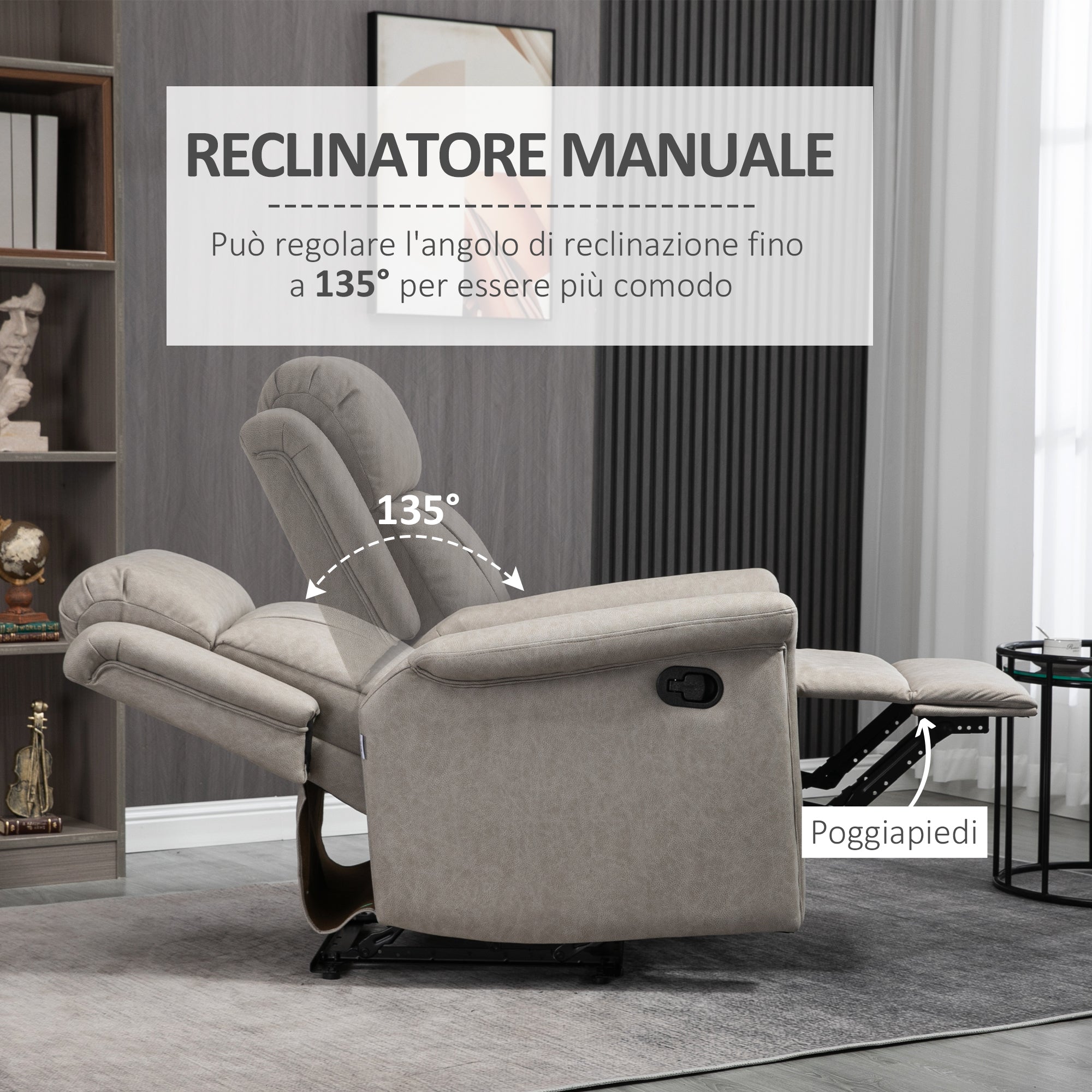 Easycomfort Poltrona Reclinabile Manualmente 135° with Poggiapiedi, Poggiatesta e Braccioli Imbottiti, 78x96x102 cm, Grigio