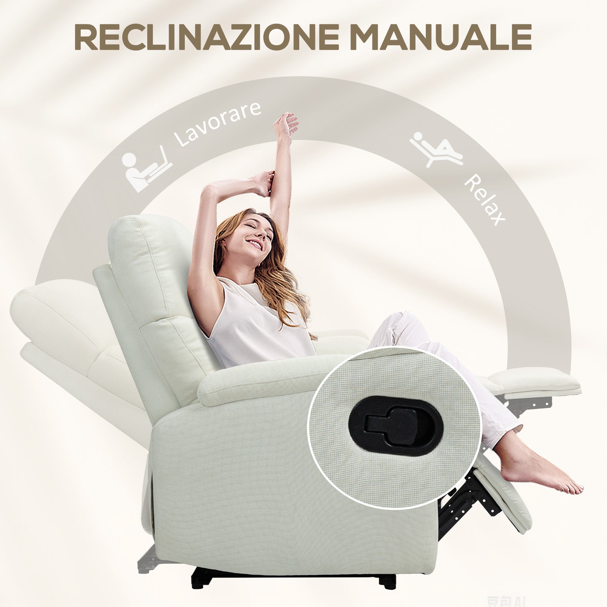 EasyComfort Poltrona Reclinabile Manualmente a 60° Extra Imbottita in Tessuto with Poggiapiedi, Crema