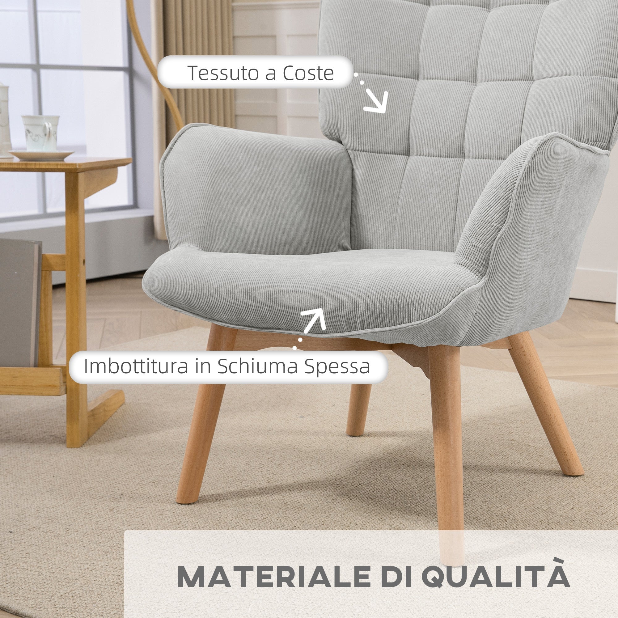 EasyComfort Relaxfauteuil met poef, ribfluweel, hoge rugleuning, grijs