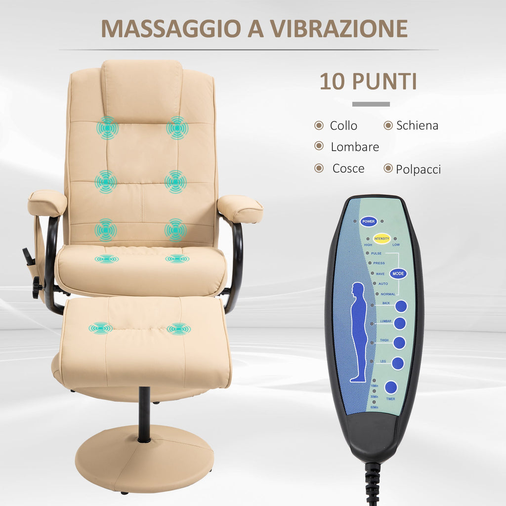EasyComfort Poltrona Relax with Pouf Poggiapiedi Reclinabile a 145° with 10 Punti Massaggio e Telecomando in Finta Pelle, Crema