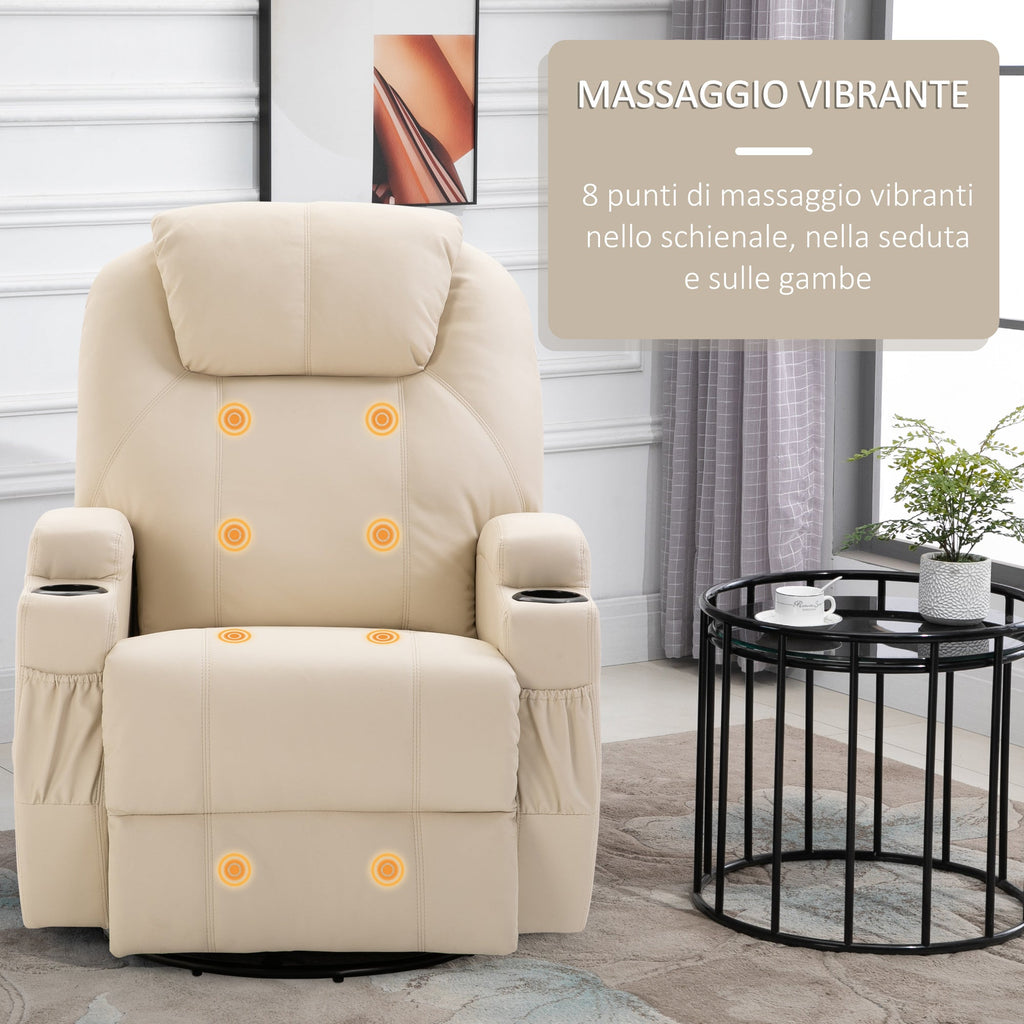 Easycomfort Poltrona Relax Elettrica Reclinabile Girevole with 2 Portabicchieri, Telecomando, Poggiapiedi e 4 Tasche Laterali, in Pelle PU, Legno e Acciaio, Crema