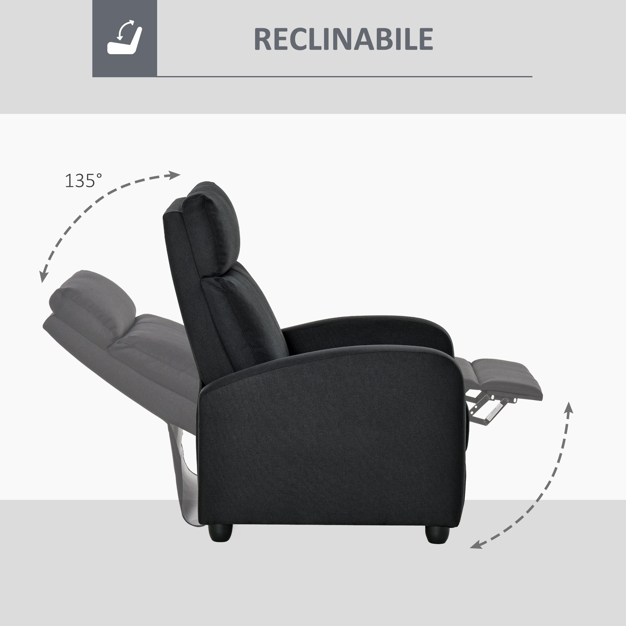 Easycomfort Poltrona Relax Imbottita with Schienale Reclinabile 135° e Poggiapiedi Estraibile, in Lino black, 69x87x100.5cm