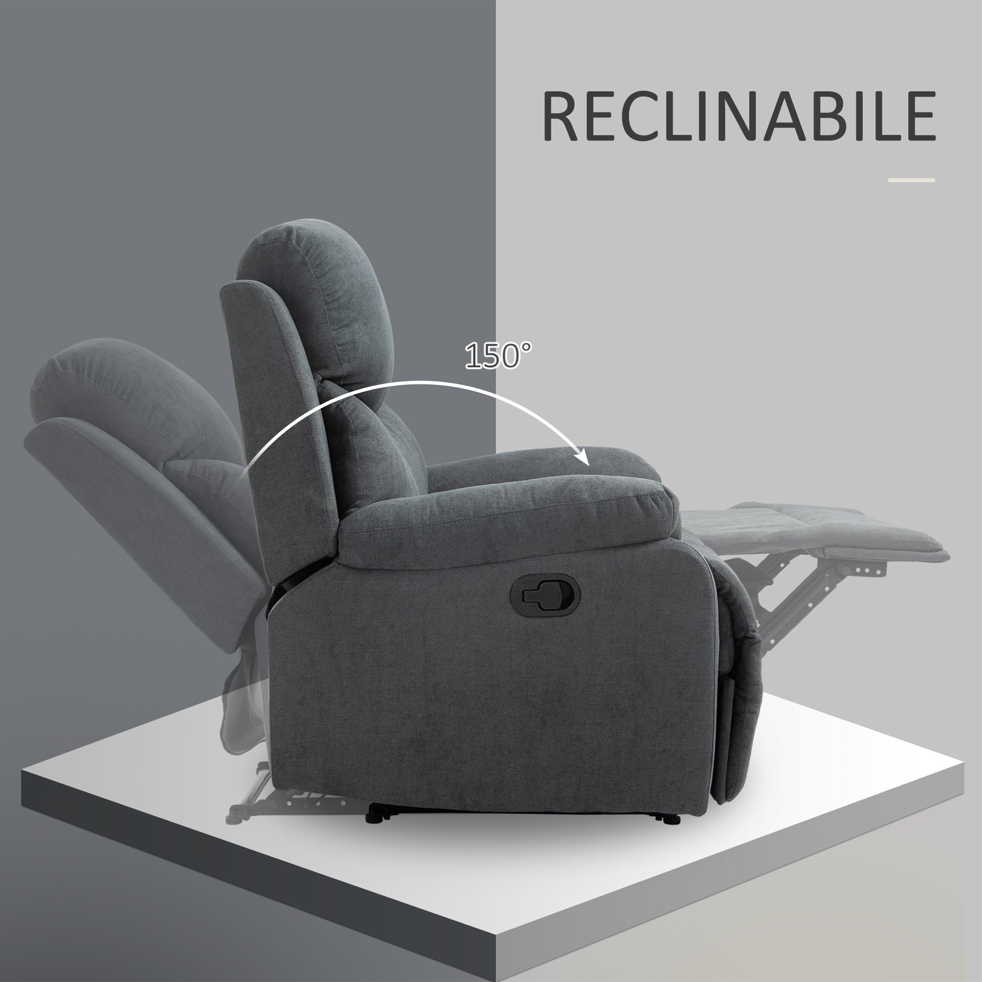 Easycomfort Poltrona Relax Manuale Ergonomica in Tessuto, Poltrona Reclinabile a 150° e Poggiapiedi per Casa e Ufficio, 93x88x102cm, Grigio Scuro