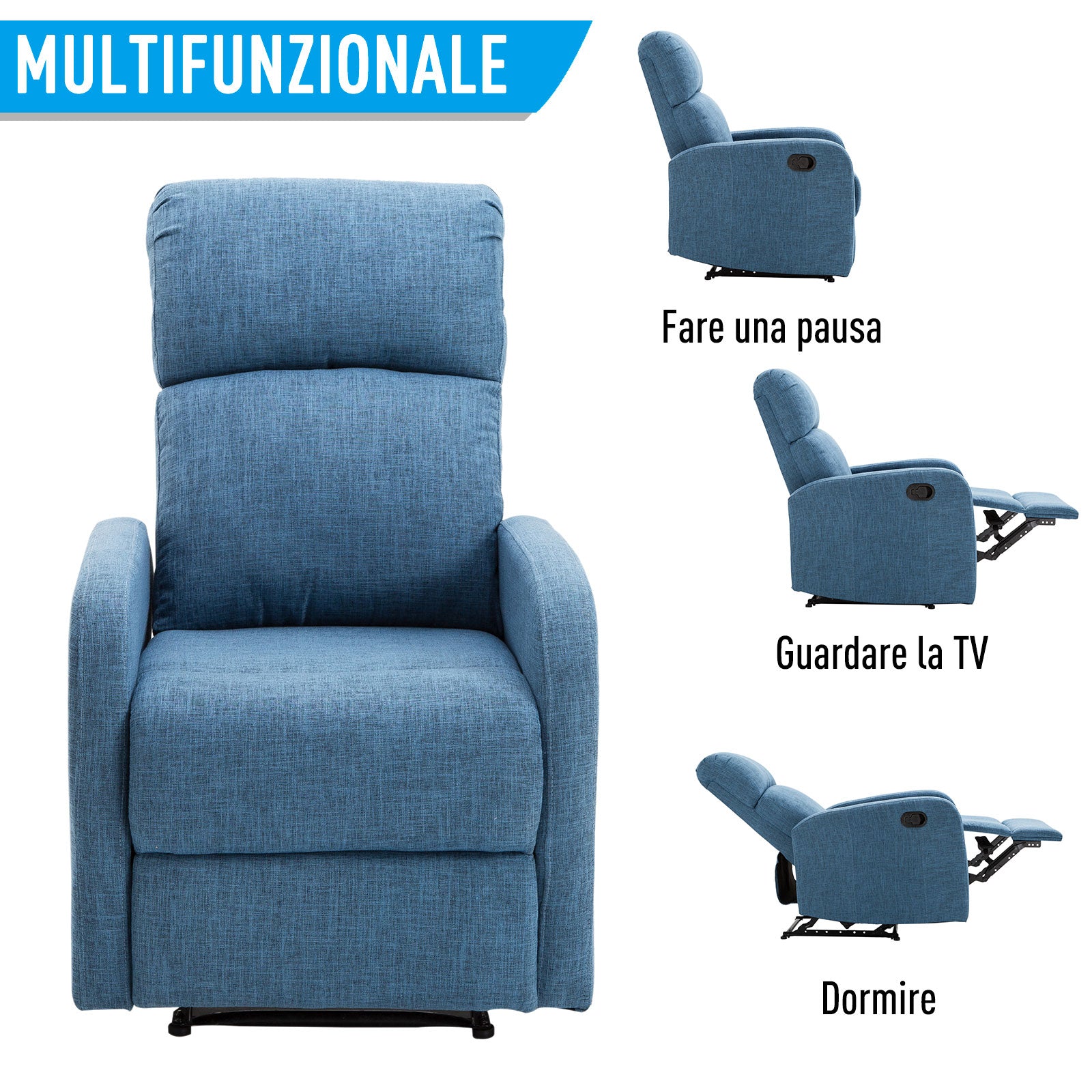 Easycomfort Poltrona Relax Reclinabile Manuale with Poggiapiedi Portata 125kg Tessuto di Lino 67 × 83 × 107cm Blu
