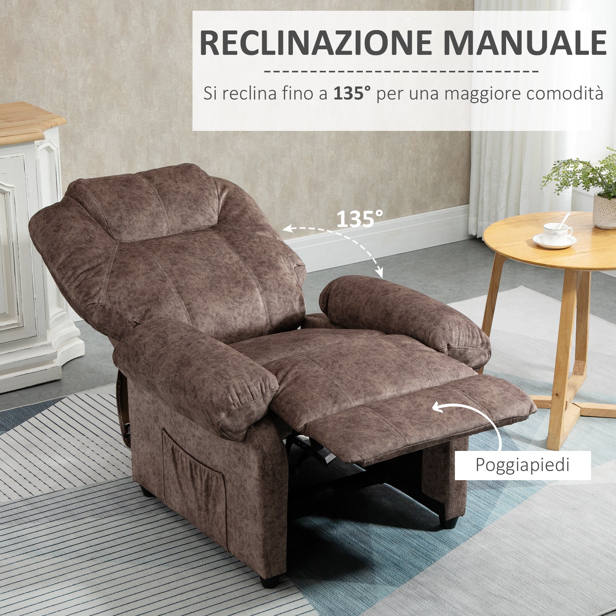 Easycomfort Poltrona Relax Reclinabile Manualmente in Tessuto with Imbottitura Extra, Marrone