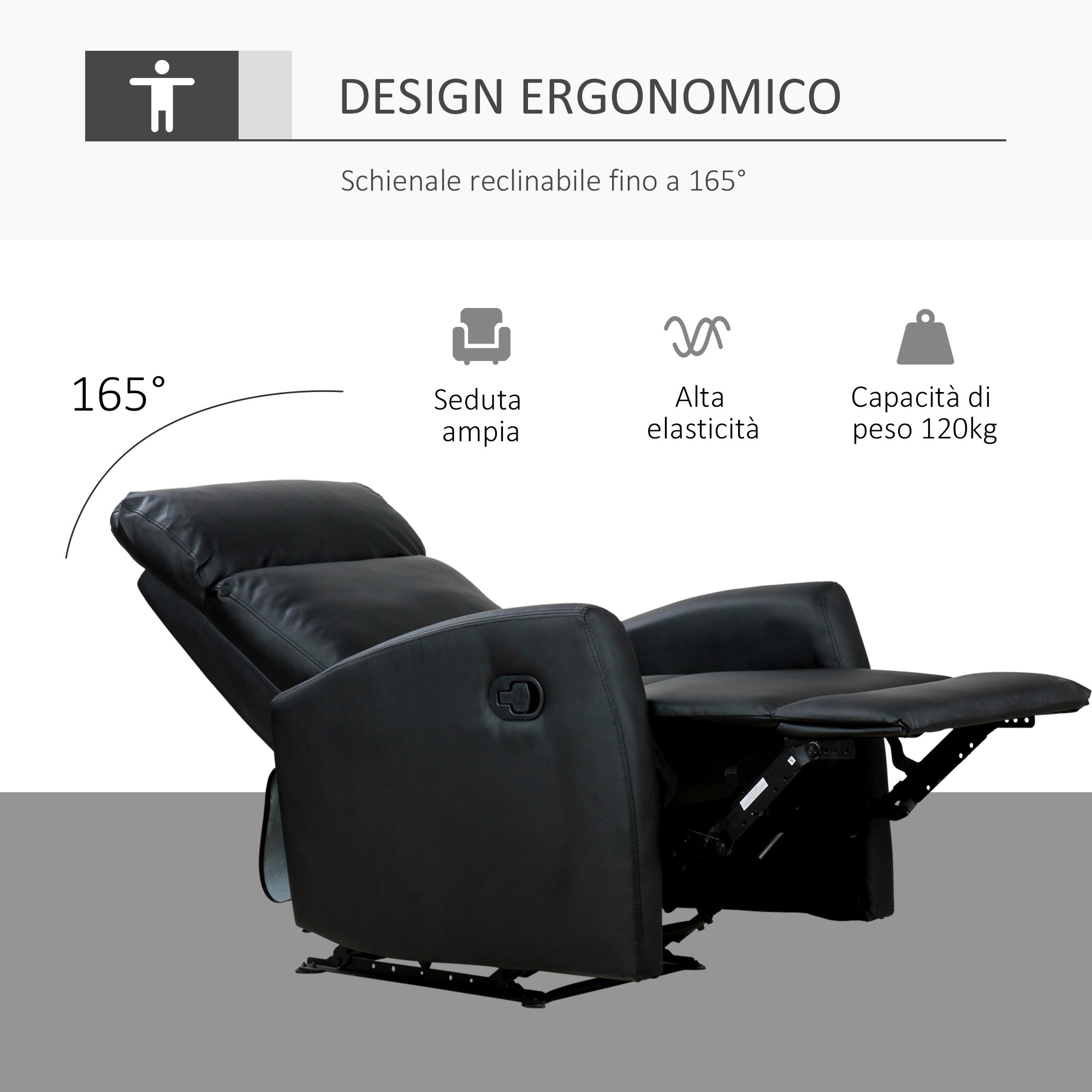 Easycomfort Poltrona Relax Reclinabile, Regolabile ed Ergonomica, in Pelle PU with Imbottitura, per Casa e Ufficio, 65x92x100 cm, Nera